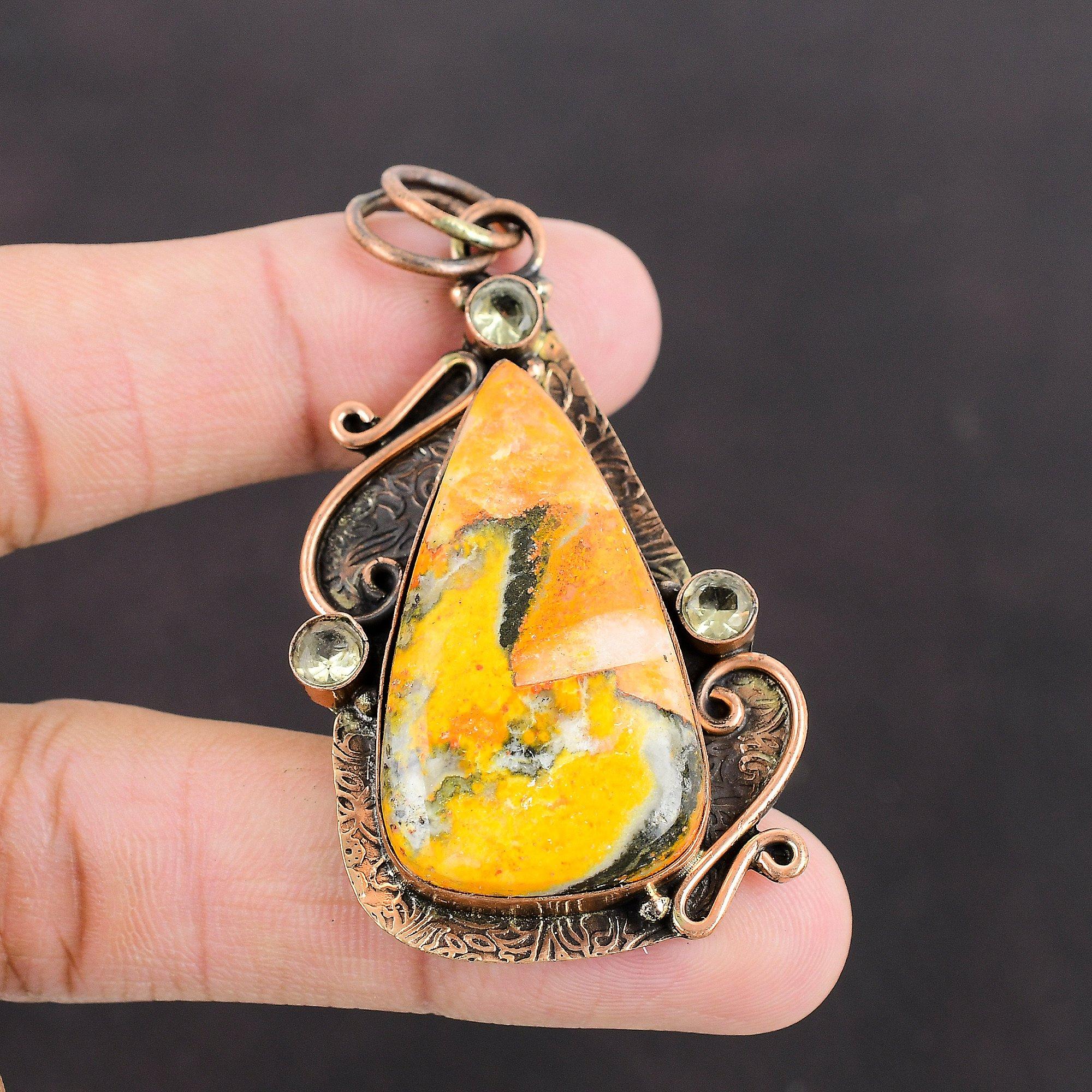 Bumble Bee Jasper Pendant Lemon Quartz Pendant Copper Pendant Handmade Jewelry Natural Gemstone Pendant Unique Copper Jewelry Gift For Her
