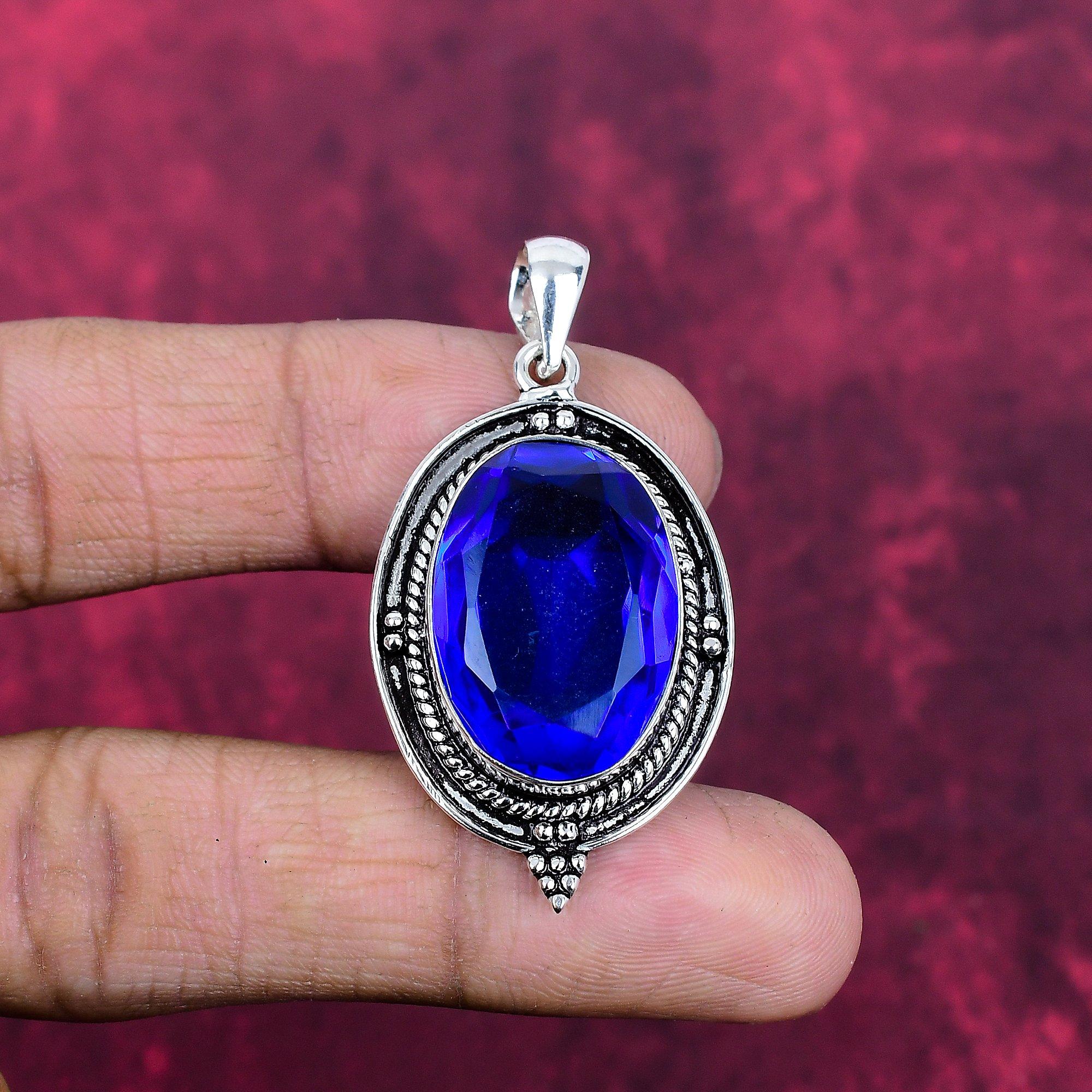 Blue Topaz Pendant, 925 Solid Sterling Silver Gemstone Jewelry, Handmade Pendant, For Thanksgiving