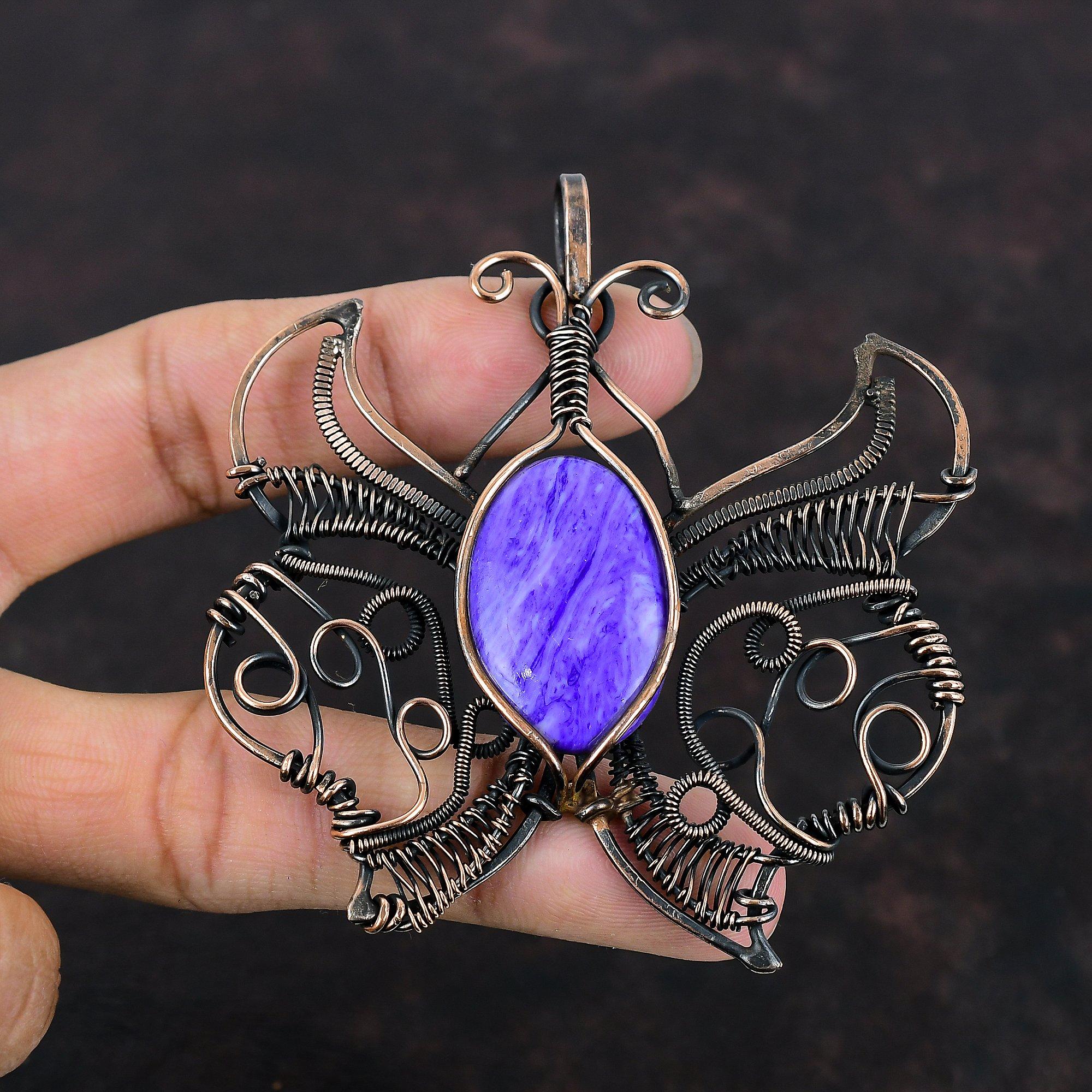 Charoite Pendant Copper Wire Wrapped Pendant Natural Gemstone Jewelry Handmade Butterfly Pendant Beautiful Copper Wire Jewelry Gifts For Mom
