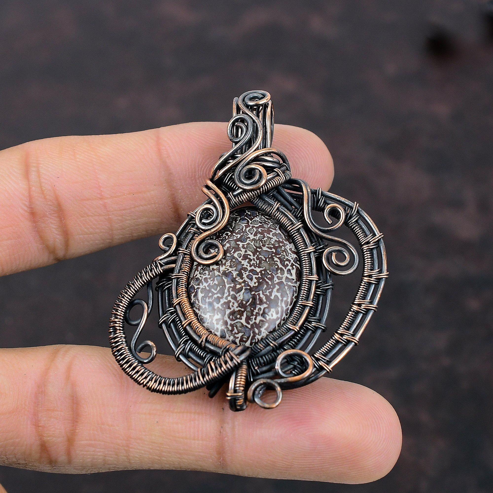 Dinosaur Bone Gemstone Pendant Copper Wire Wrapped Pendant Unique Copper Jewelry Handmade Boho Pendant Wire Wrapped Jewelry Anniversary Gift
