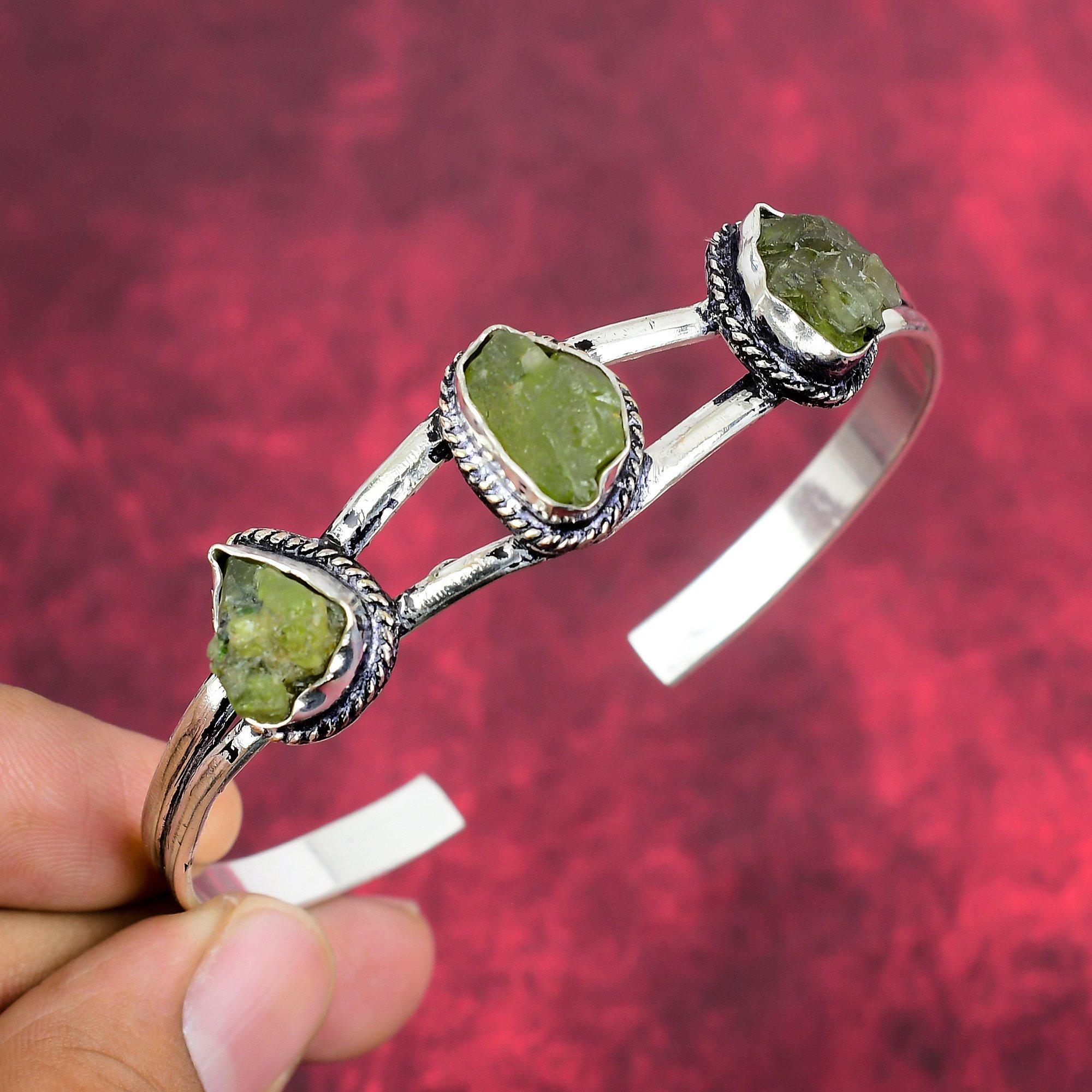 Rough Peridot Gemstone 925 Solid Sterling Silver Jewelry, Handmade Gorgeous Adjustable Bracelet For Wedding Gift