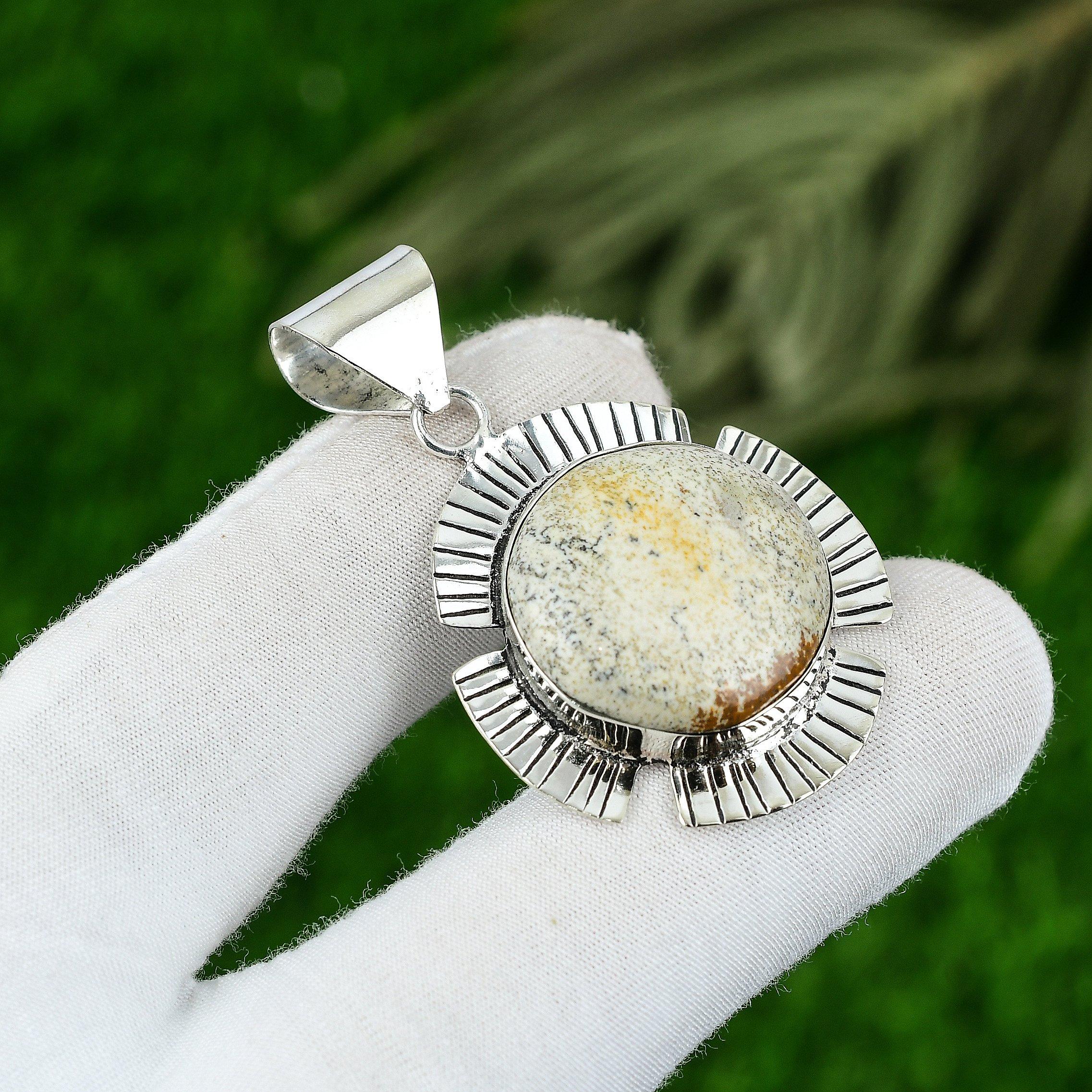 Sterling Silver Round Picture Jasper Gemstone Bezel Trendy Wife Pendant Jewelry