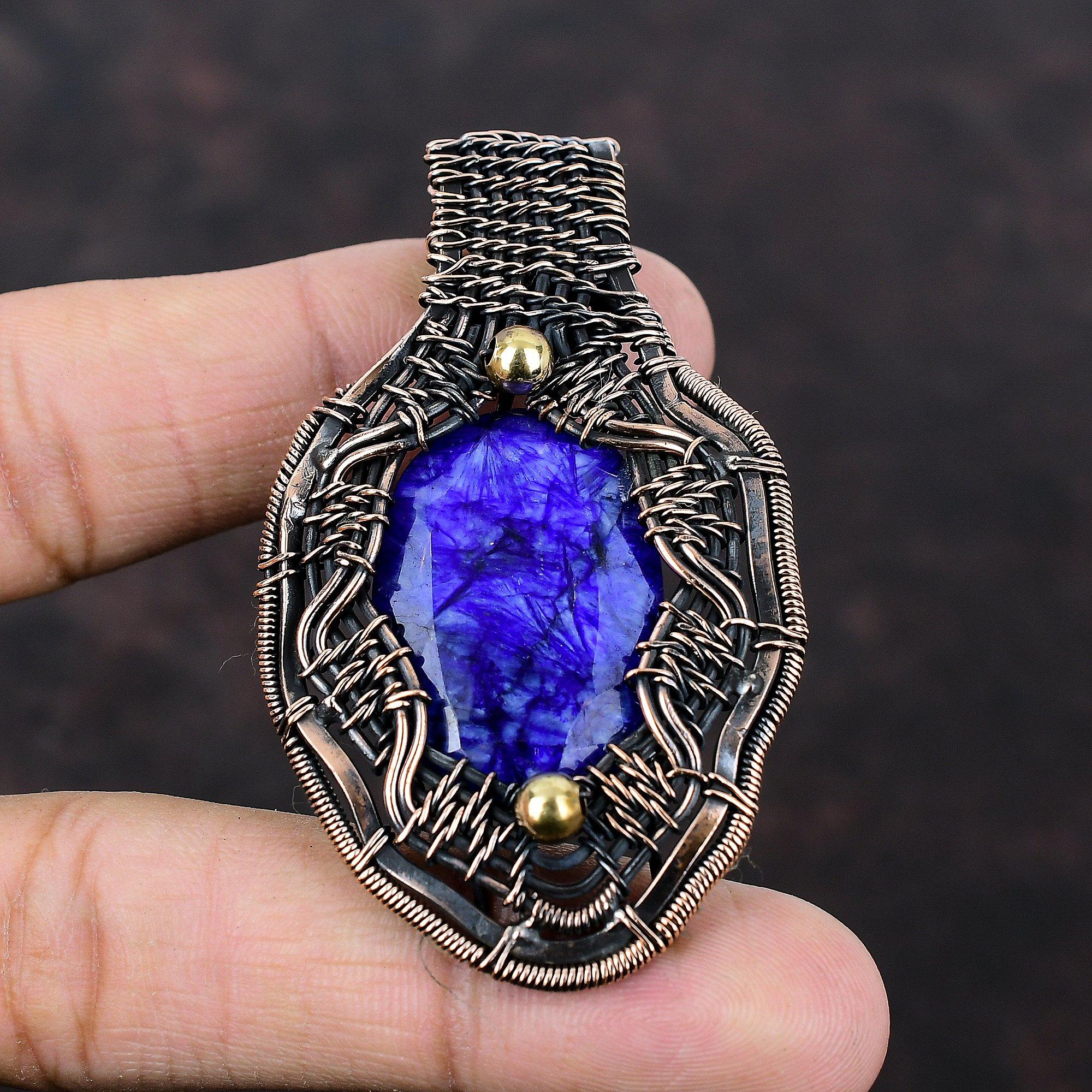 Faceted Blue Sapphire Pendant Copper Wire Wrapped Gemstone Jewelry Handmade Pendant Copper Wire Wrap Pendant Gift For Women Designer Jewelry