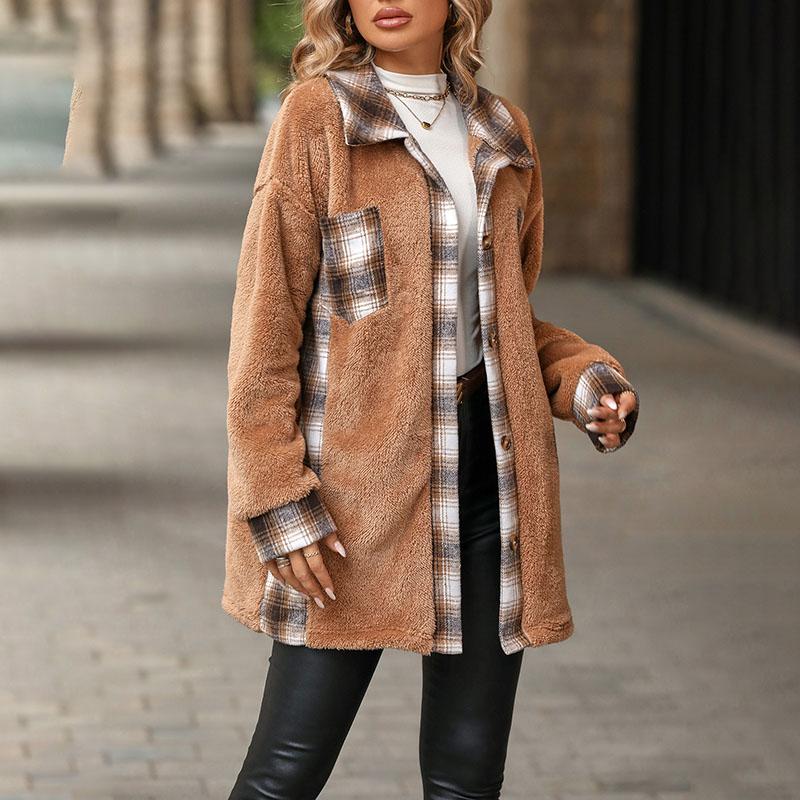 Turndown Collar Plaid Plush Jacket Women's Single Breasted Long Sleeved Coat Medium Length Loose Warm Outerwear Autumn and Winter New Fashion