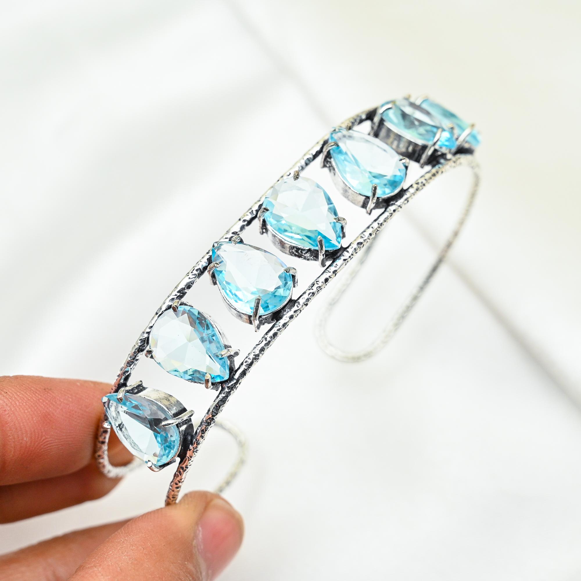 Schweizer Blautopas Armreif Echter Edelstein Armreif, 925 Sterling Silber Armreif Handarbeit Schmuck, Verstellbarer Armreif Als Geschenk Frauen Schmuck