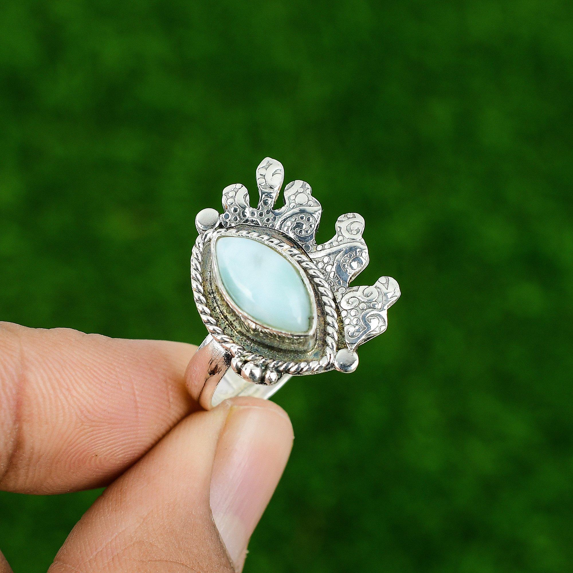 Gift For Women Statement Adjustable Ring 925 Silver Natural Larimar Gemstone