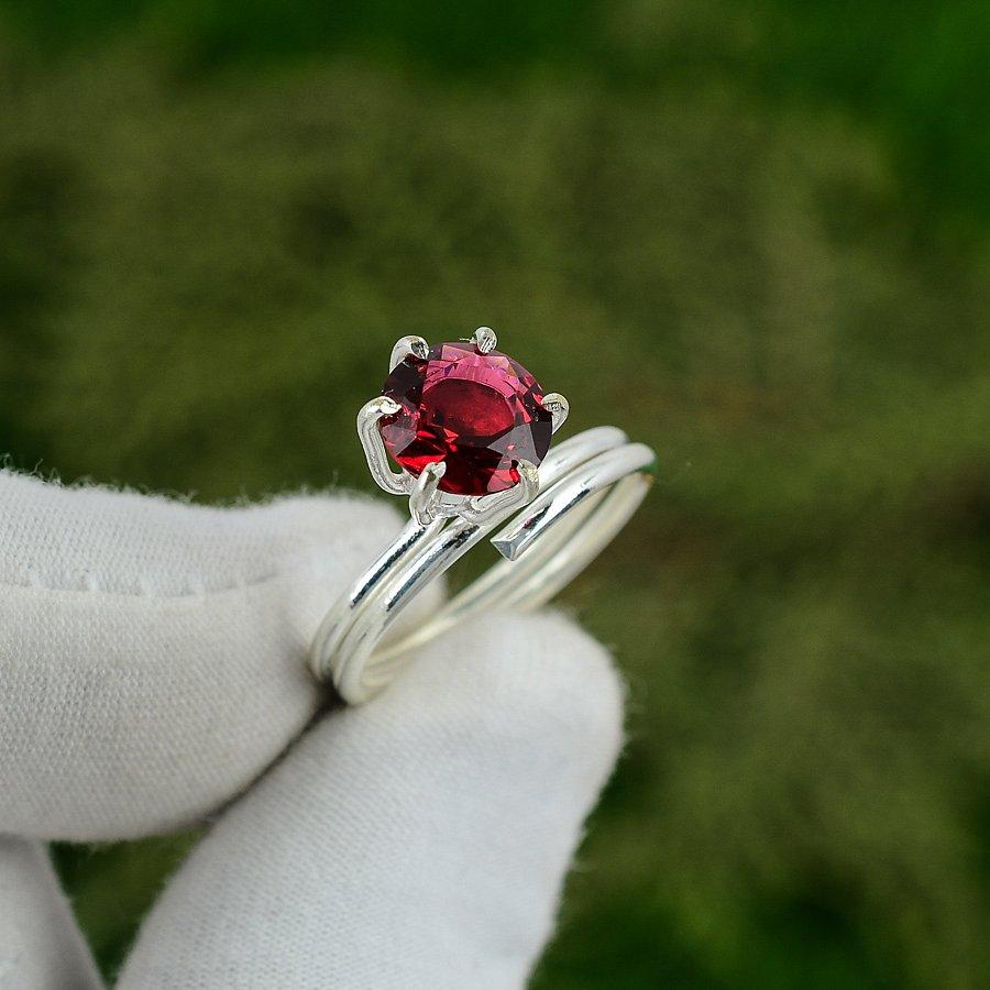 Mothers day Deal Sterling Silver Round Mozambique Garnet Gemstone Stackable Ring