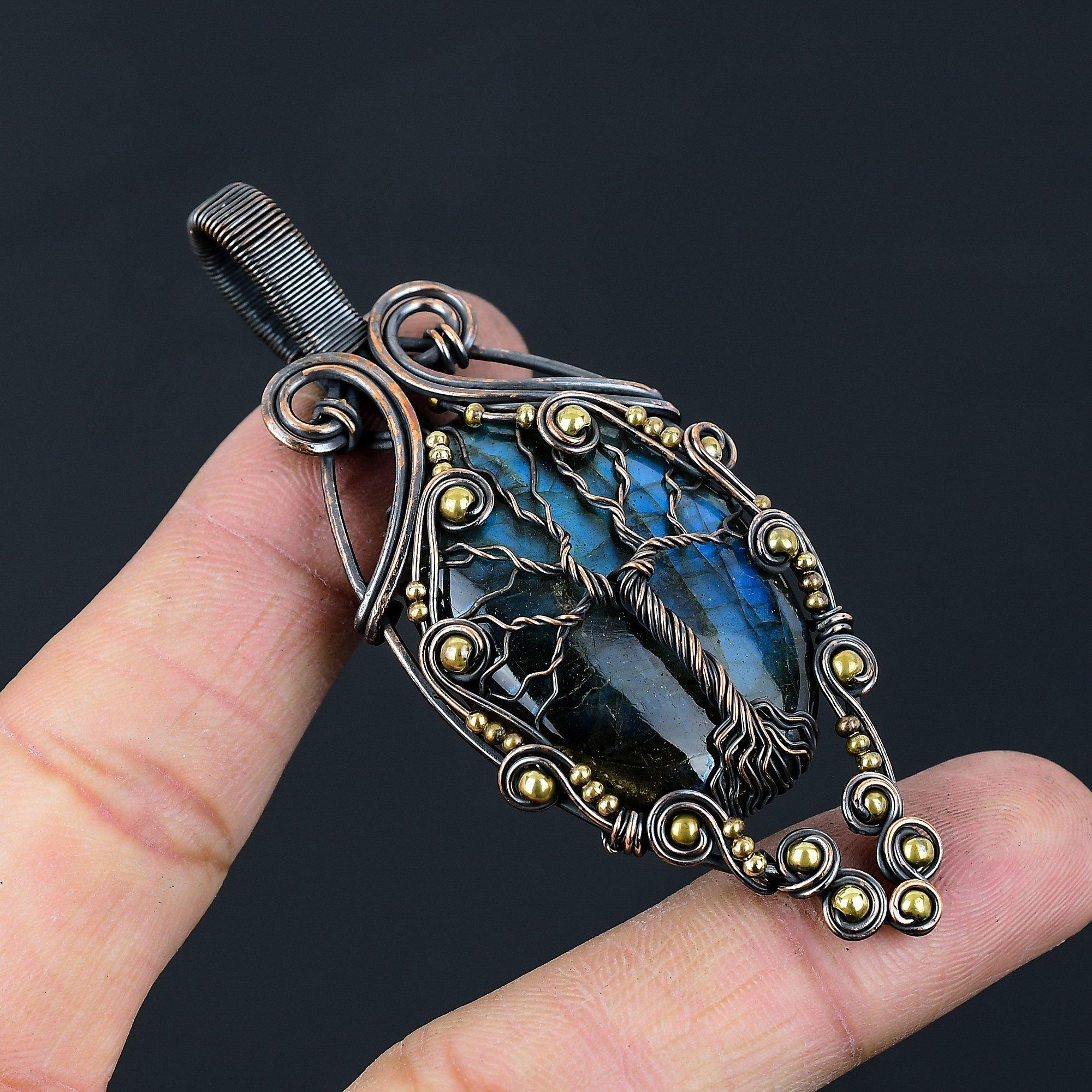 Baum des Lebens, Labradorit, Edelstein, reiner Kupferdraht, umwickelt, handgefertigter Anhänger-Schmuck