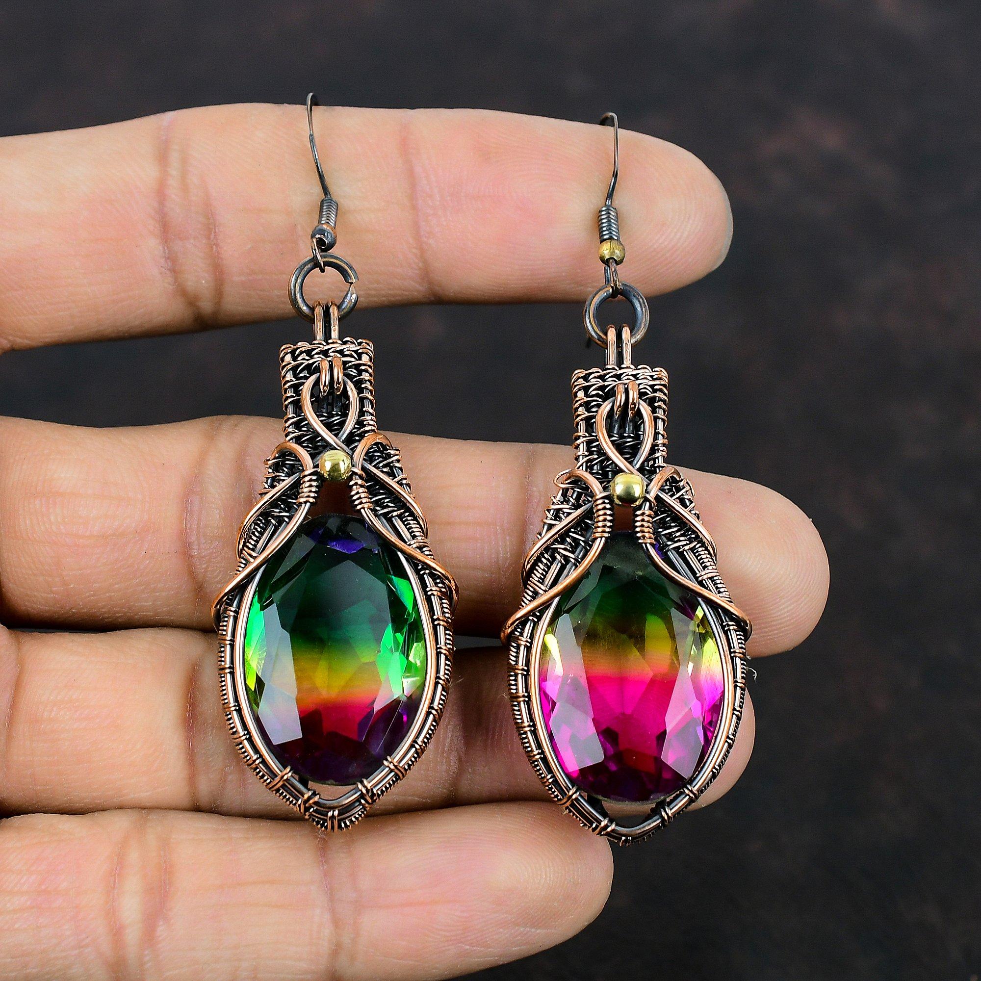 Faceted Multi Tourmaline Earring Copper Wire Wrapped Earring Gemstone Copper Jewelry Handmade Earrings Wire Wrapped Jewelry Gifts For Mother
