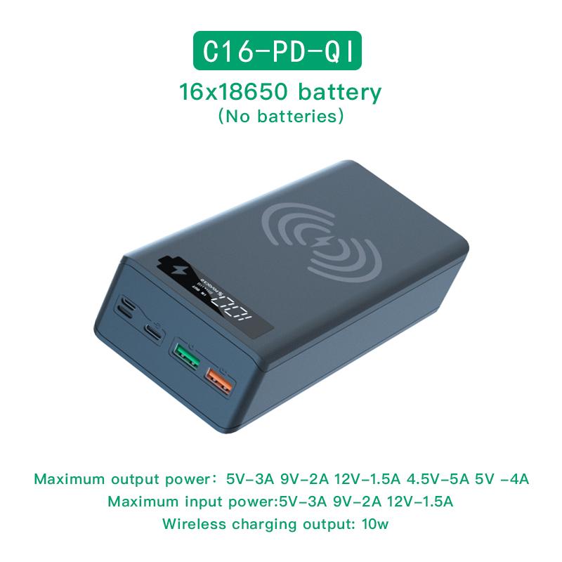 C16N Detachable QC3.0 PD LCD Display DIY 16x18650 Battery Case Power Bank Shell 5W/10W Wireless Charging Box Without Battery