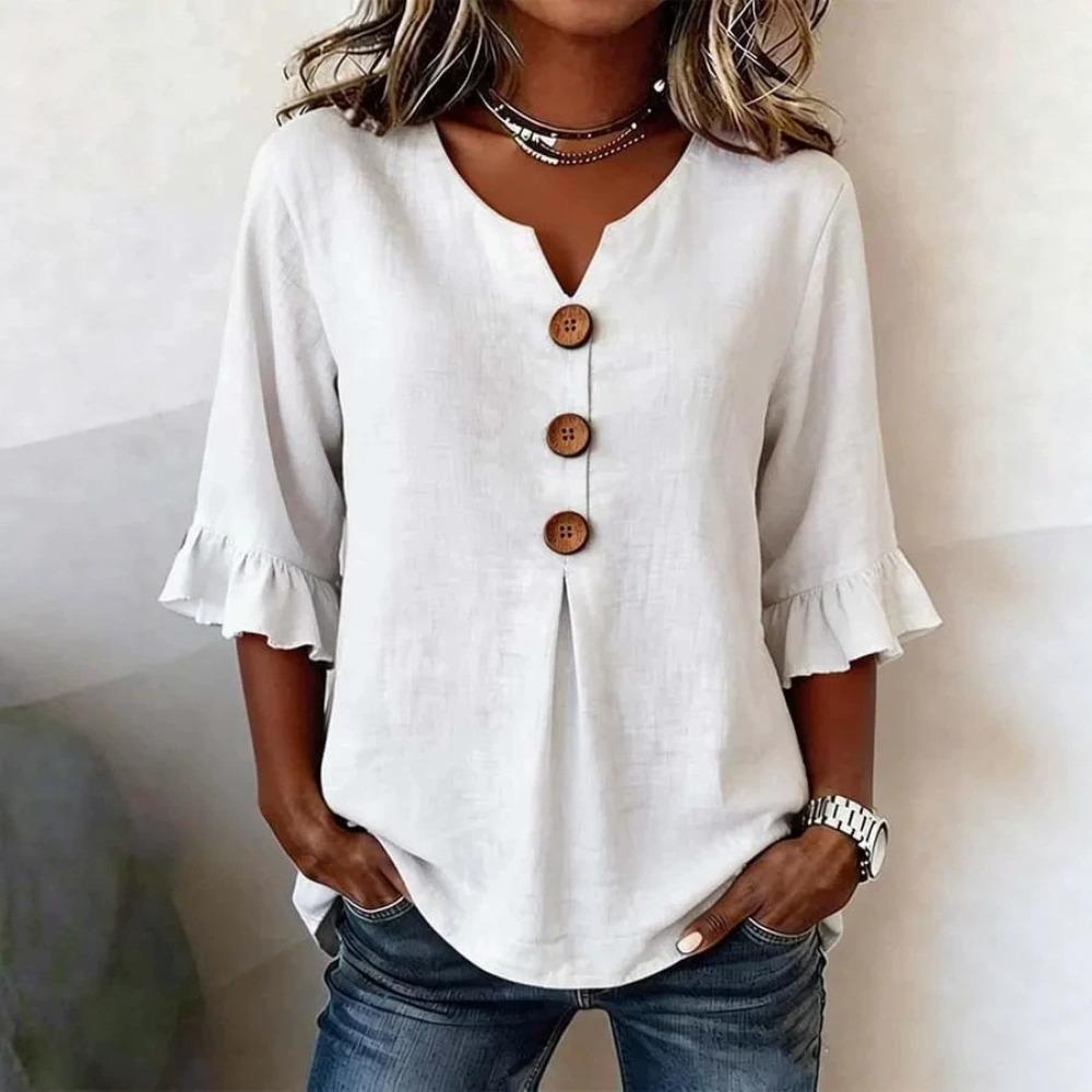 Women V Neck Button Blouse, Spring Summer Casual Top