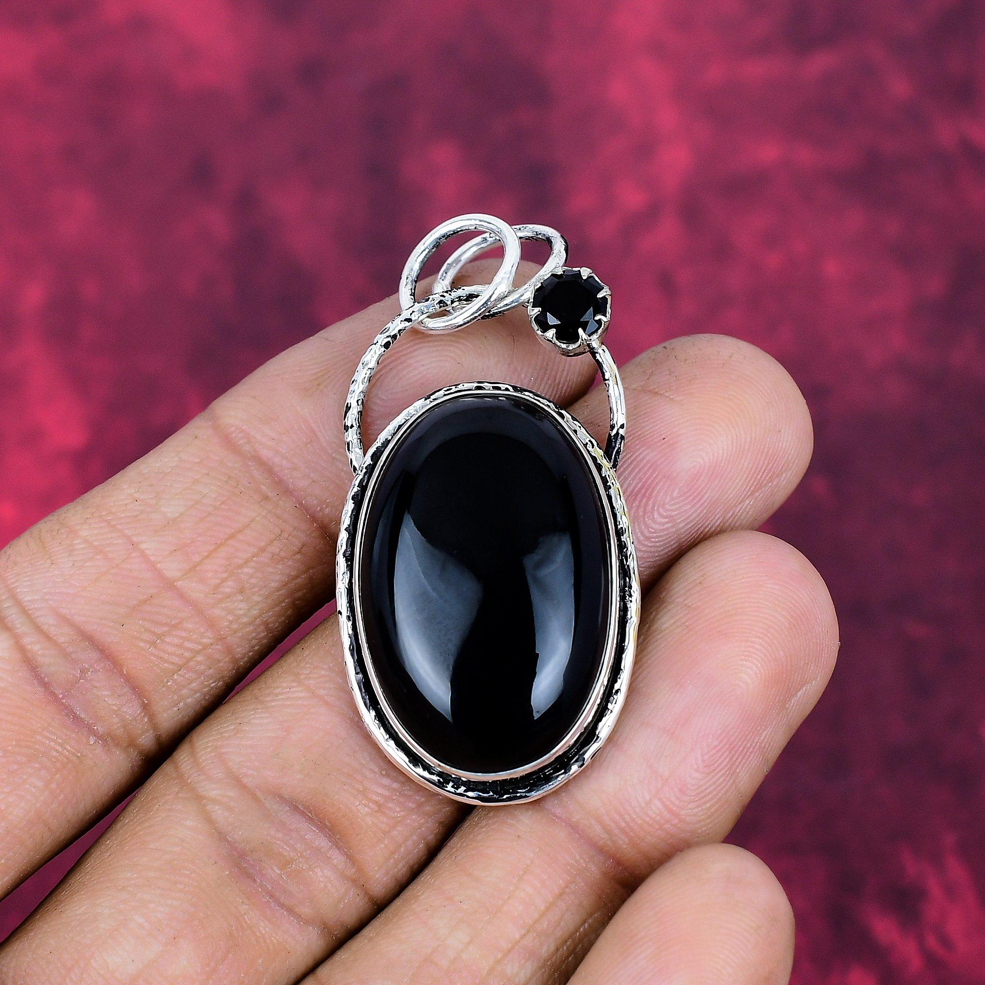 Black Onyx & Black Spinel Gemstone Silver Jewelry, 925 Sterling Silver Pendant, Handmade Designer Onyx Pendant Gift For Catholics