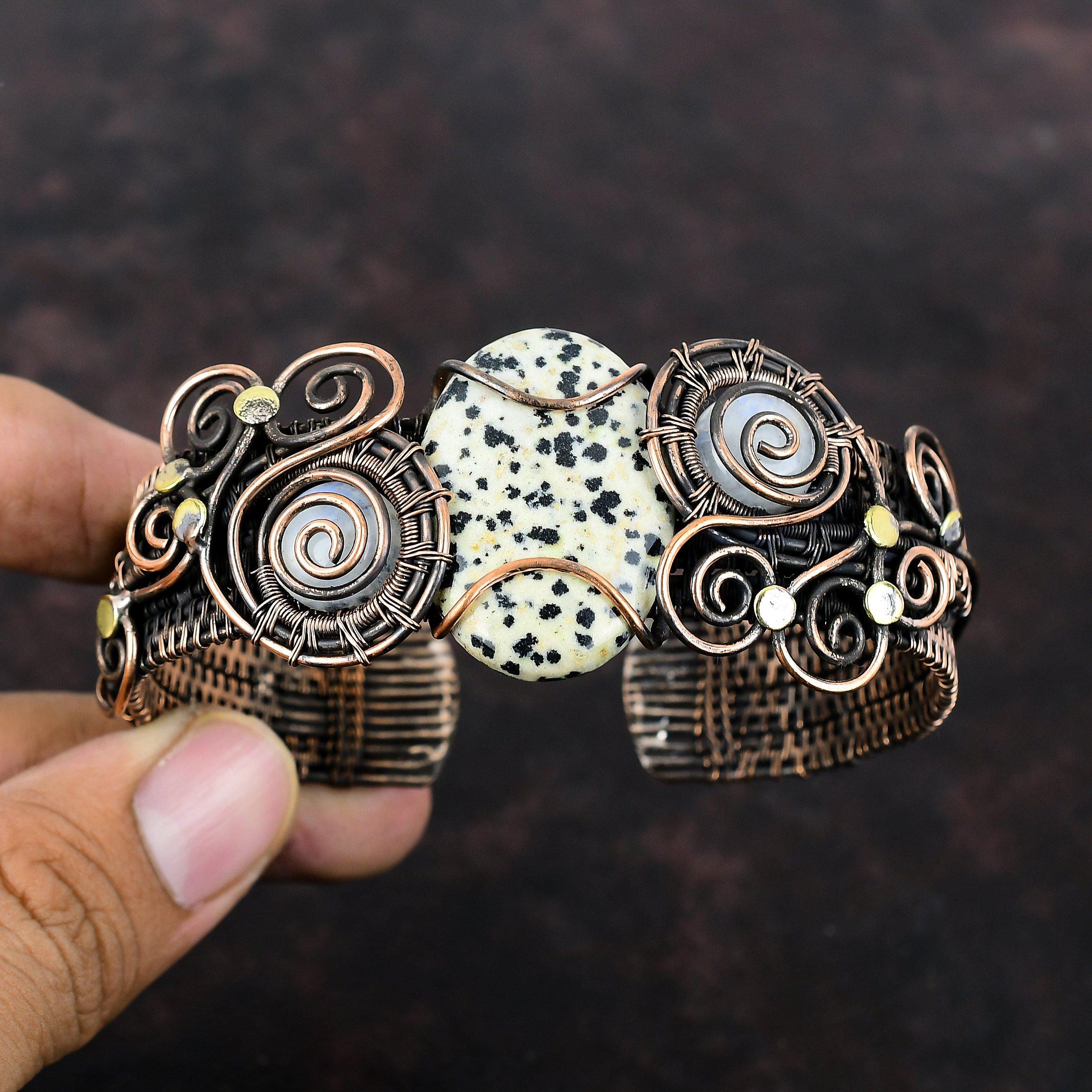 Dalmatiner Jaspis Armreif Kupferdraht umwickelter Armreif Regenbogen Mondstein Edelstein Armband Verstellbarer Armreif Handgefertigter Schmuck Geschenk für Ihn