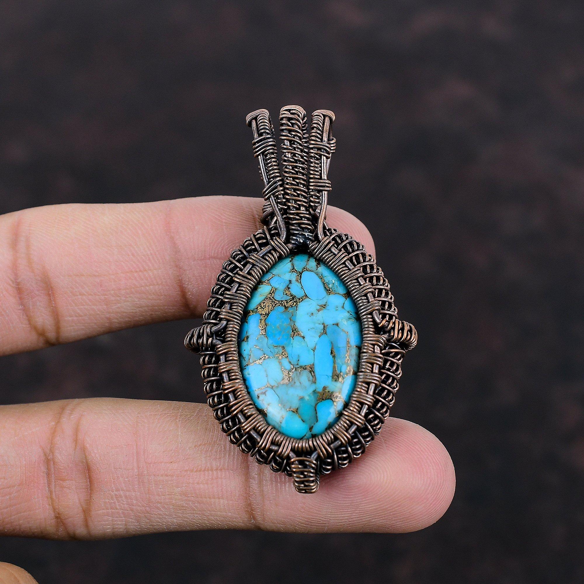 Copper Blue Turquoise Pendant Copper Wire Wrapped Pendant Awesome Gemstone Jewelry Handmade Pendant Copper Wire Wrap Jewelry Gift For Mother