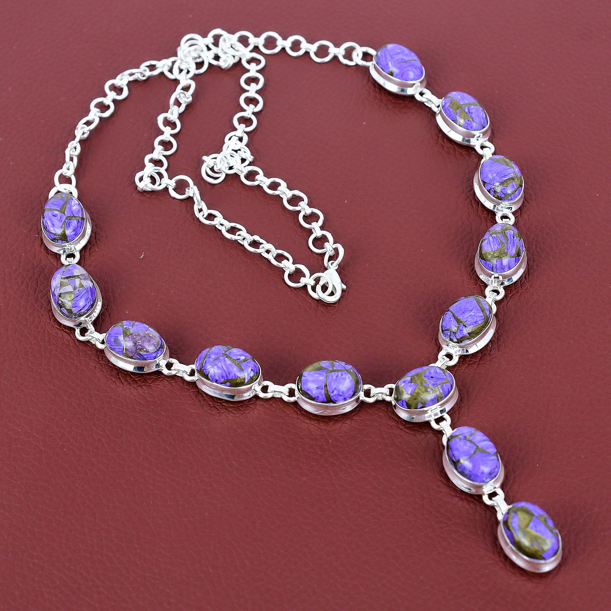 Copper Charoite Necklace Original Gemstone Necklace 925 Sterling Silver Necklace Adjustable Chain Necklace Handmade Jewelry Gifts for Mother