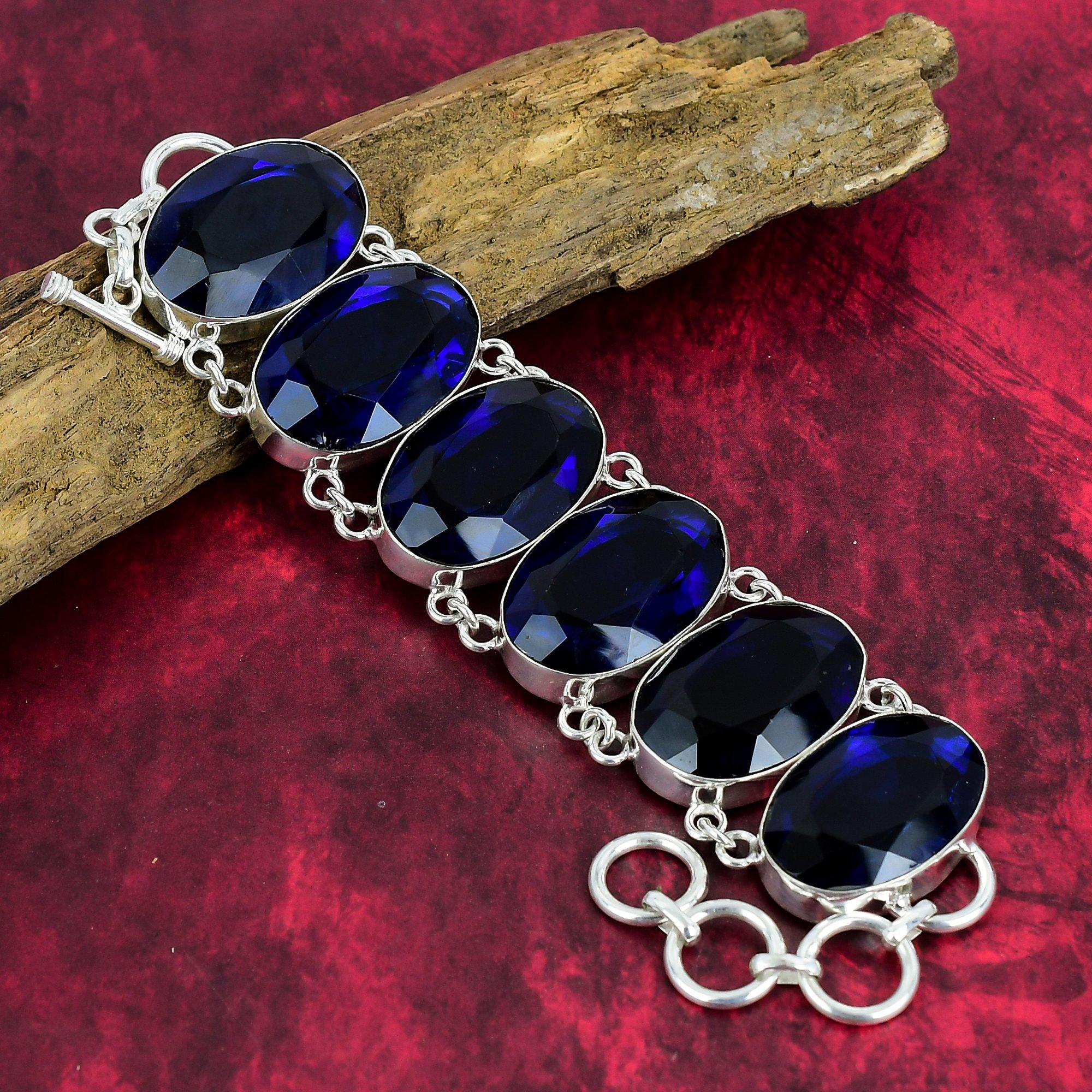 Faceted Blue Sapphire Lab-Created Jewelry, Handmade Gemstone 925 Solid Sterling Silver Jewelry, New Jewelry Adjustable Chain Bracelet For Wedding Gift