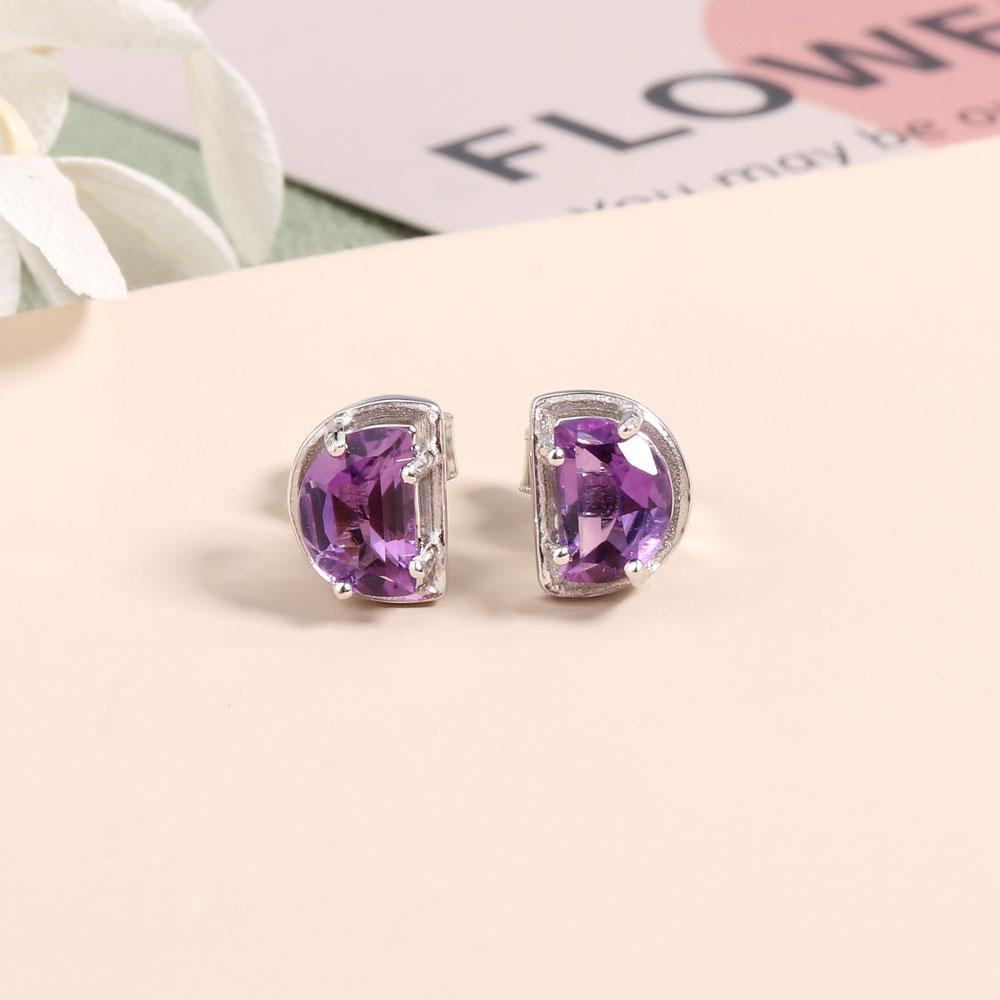 925 Sterilng Silver Earring Stud Moon Shape Special Cute Amethyst Cutting Natural Gemstones Fine Jewelry for Gilrs Daughter Nice Gift