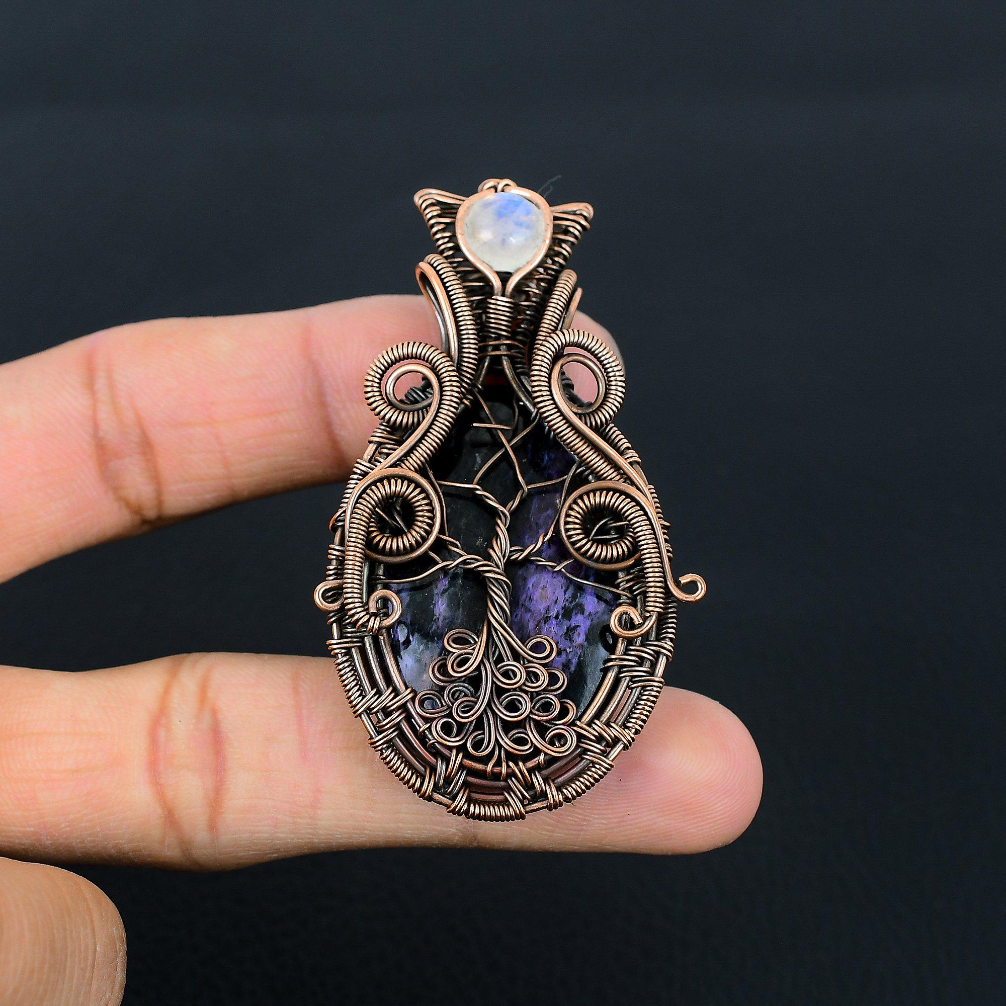 Charoite & Moonstone Gemstone Handmade Pure Copper Wire Wrap Amazing Jewelry Pendant