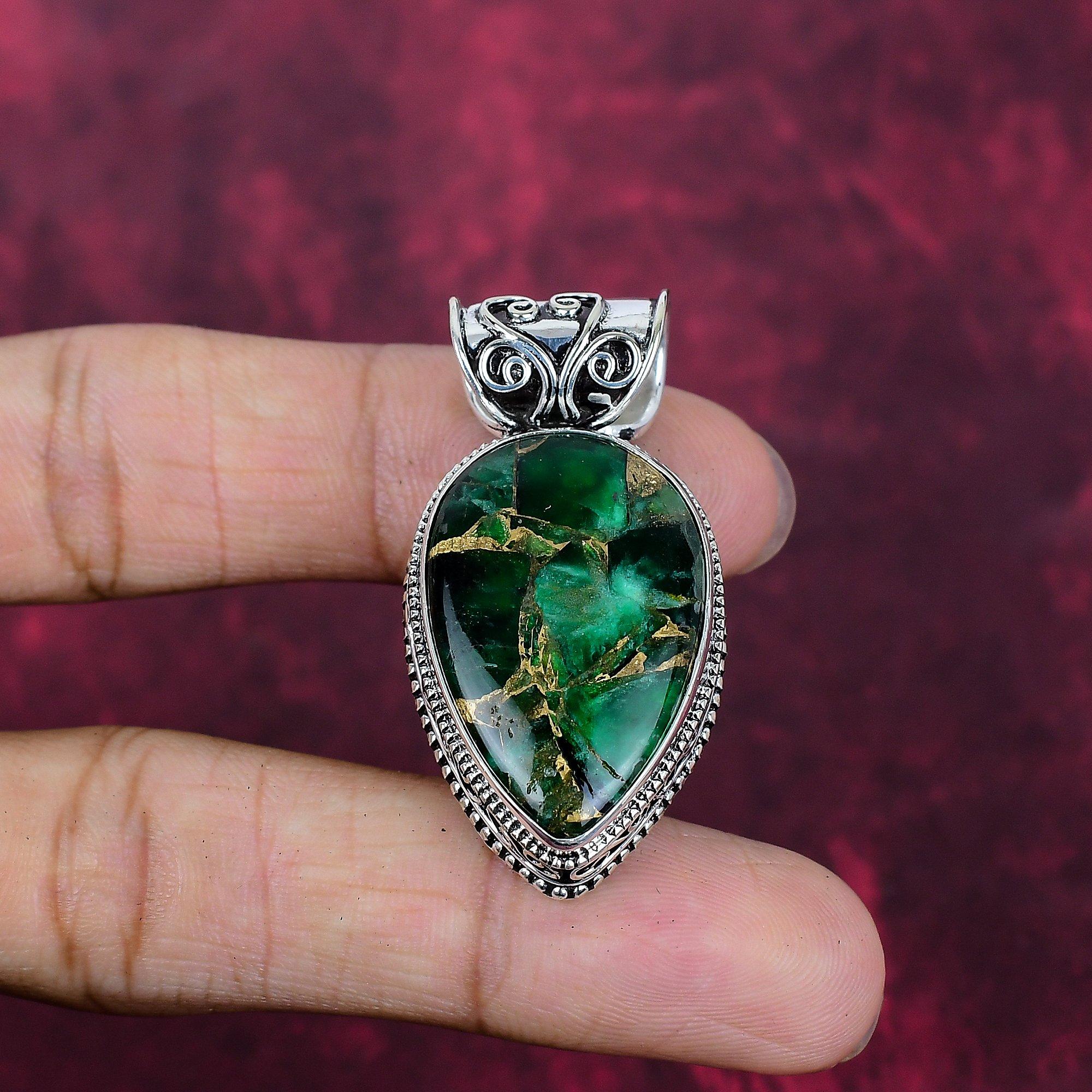 Green Copper Turquoise Handmade Gemstone Pendant, 925 Solid Sterling Silver Pendant Birthstone Jewelry, Love Forever Gift