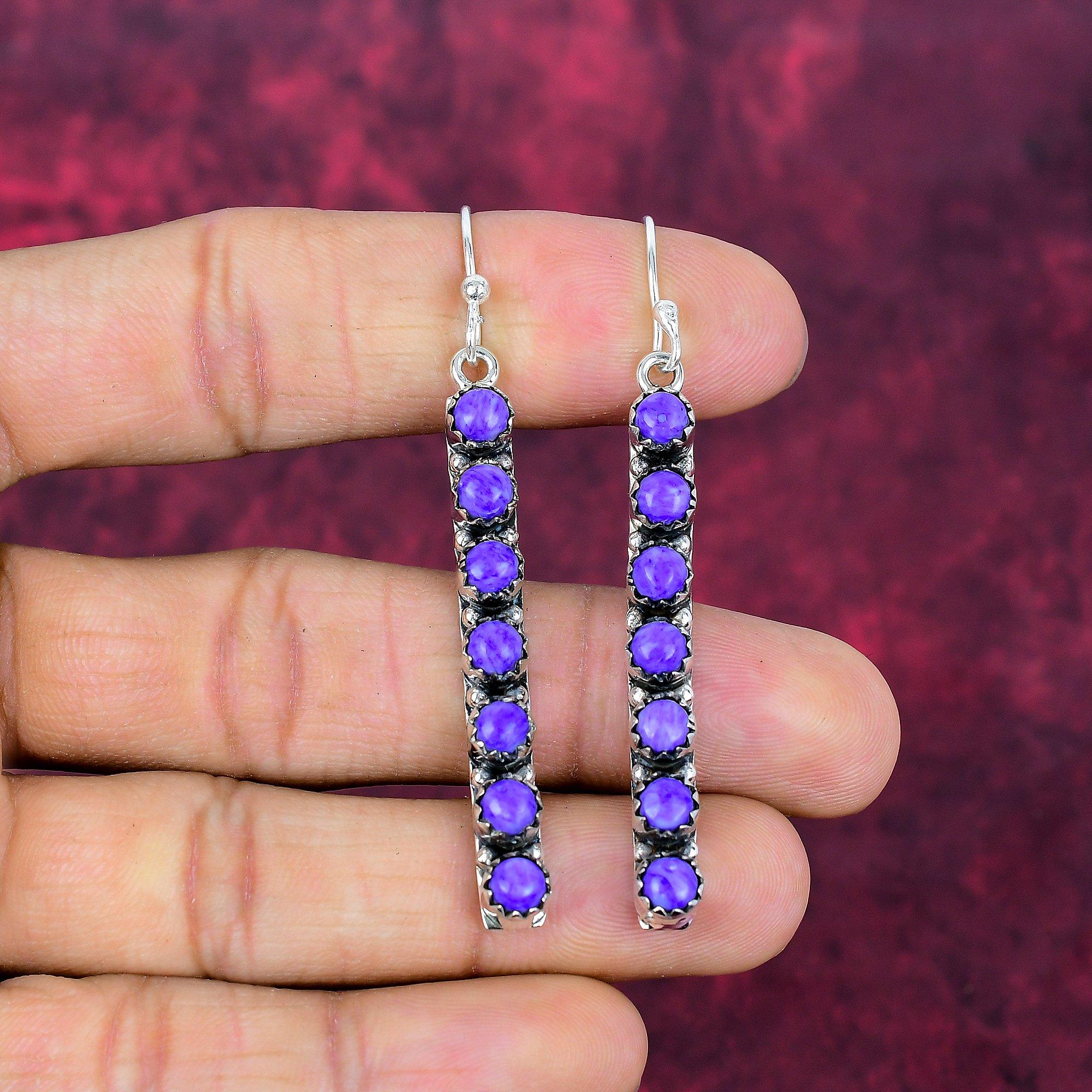 Charoite Handmade Gemstone Earrings Jewelry, 925 Solid Sterling Silver Earrings Antique Jewelry, For Engagement Gift