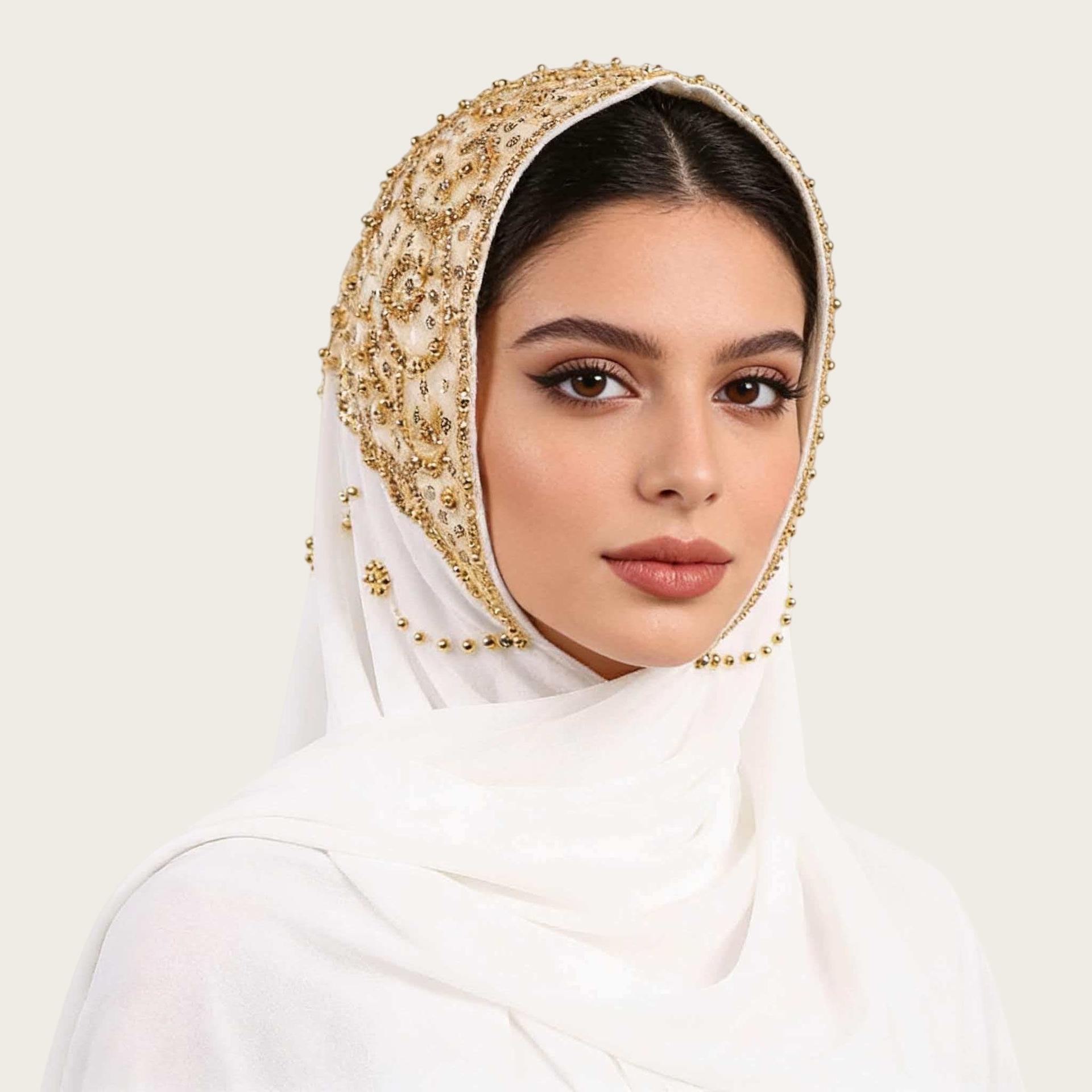 Ethnic Beaded Hijab Scarf for Women Chiffon Musilm Long Scarf Shawls Head Wrap Scarves for Wedding Evening