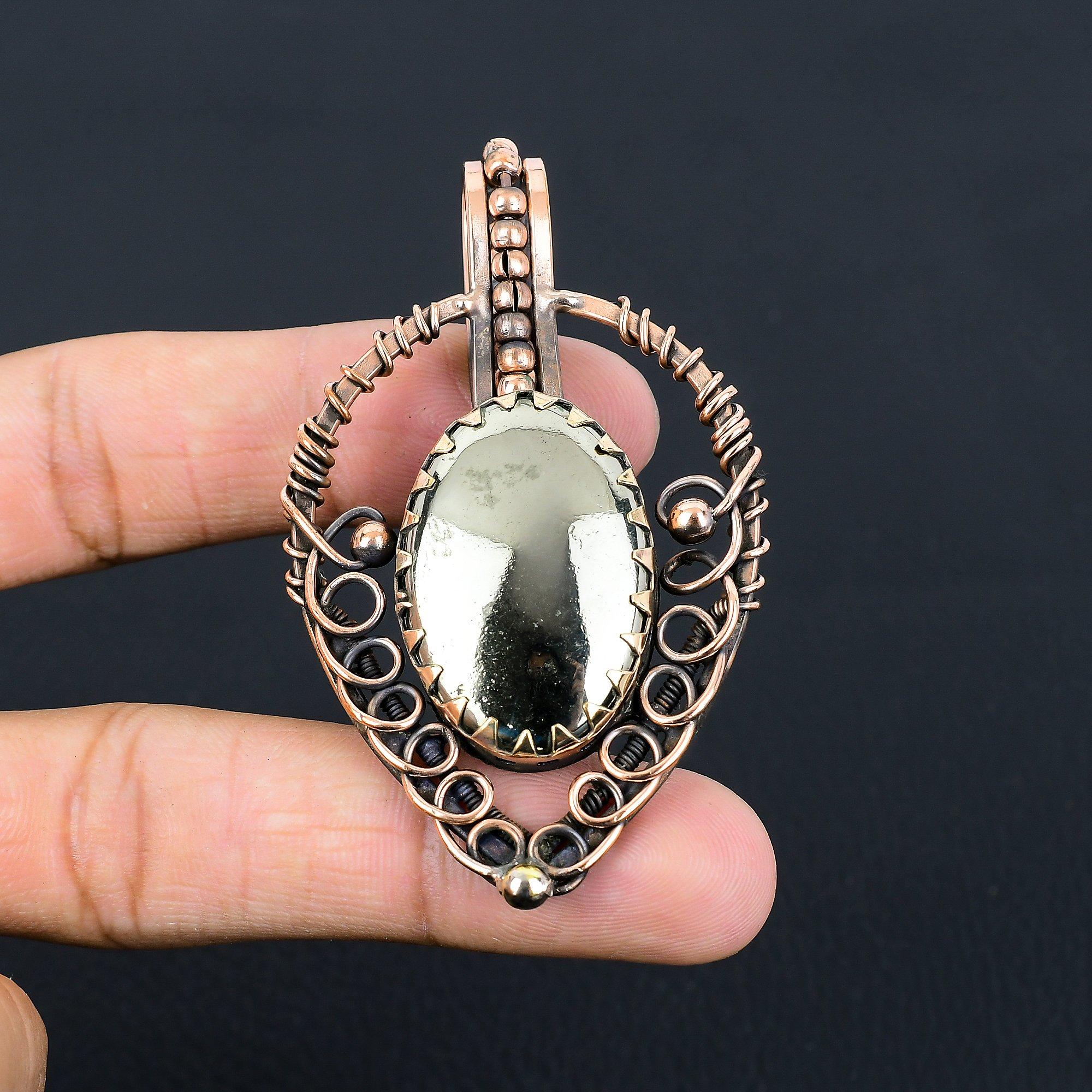 Golden Apache Pyrite Gemstone Handmade Pure Copper Wire Wrapped Pendant Jewelry