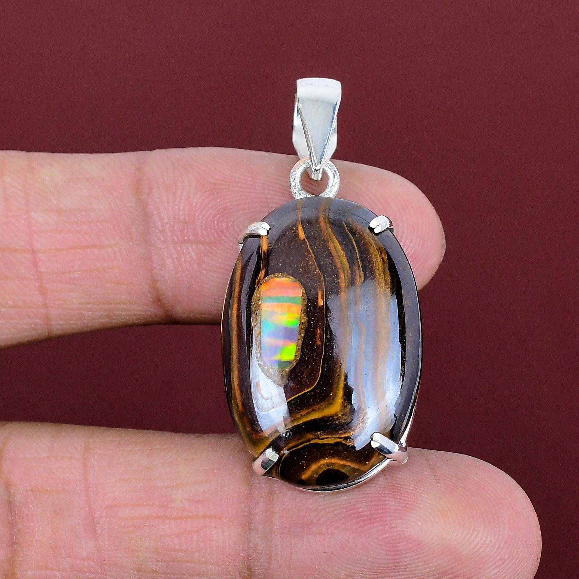 Ethopian opal in boulder opal pendant very pretty gemstone jewelry handmade pendant 925 sterling silver pendant unique pendant gifts for mom