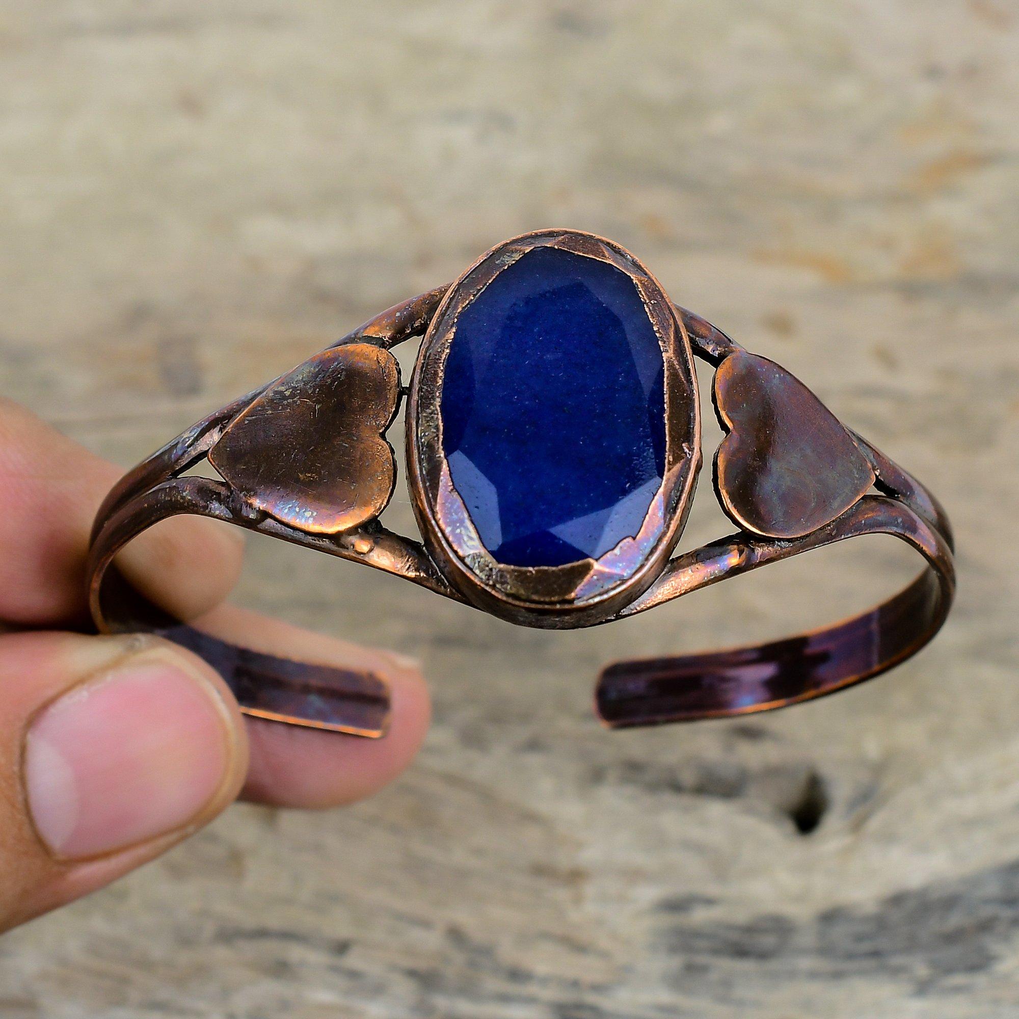 Facettierter blauer Saphir Armreif Edelstein Manschettenarmband Elektrogeformter Kupferarmreif Handgefertigt Verstellbarer Armreif Kupferschmuck Jubiläumsgeschenke