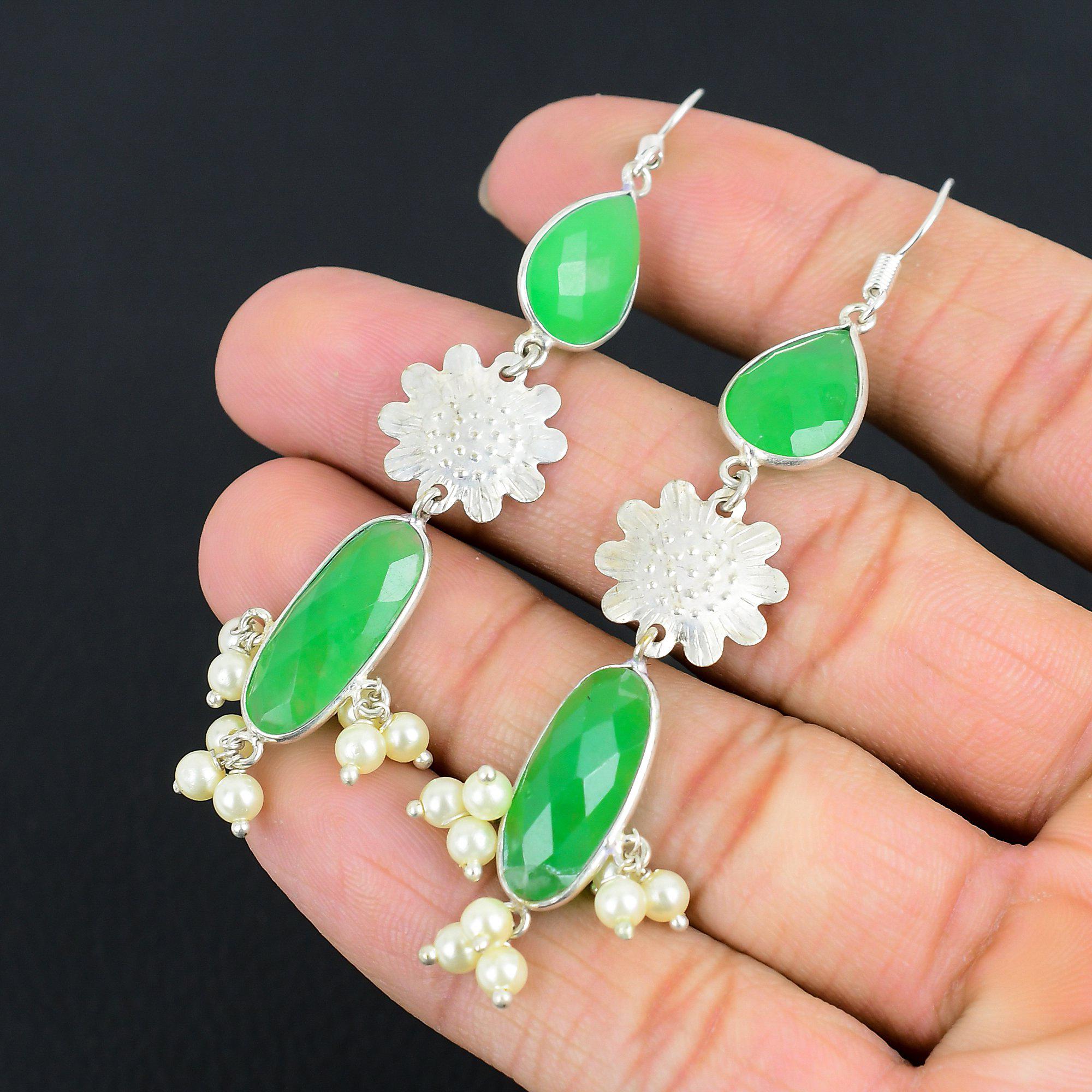 Pear Throat Chakra Green Kyanite Stone Sterling Silver Dangle Wedding Earrings