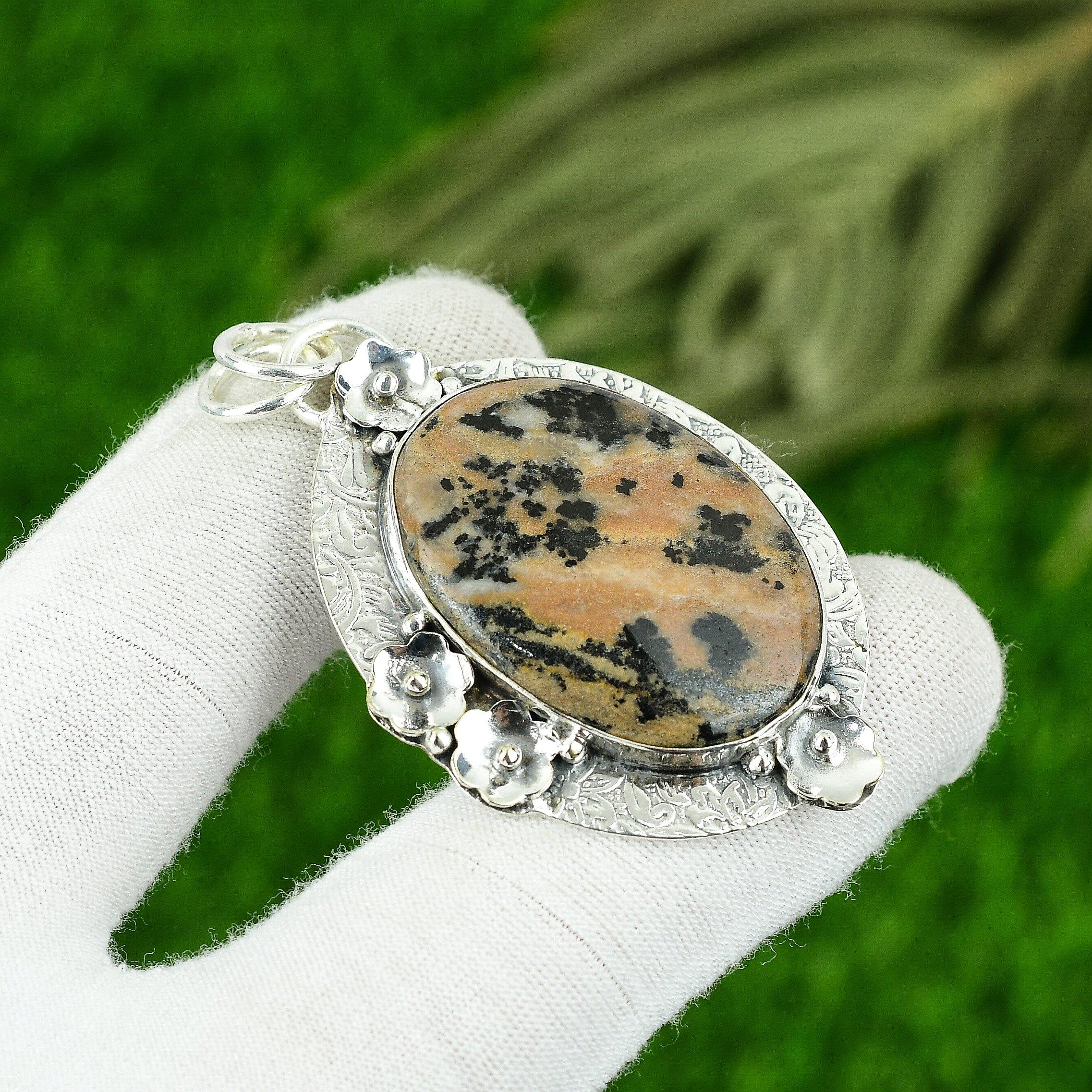 Natural Honey Dendrite Opal Gemstone Pendant Brown 925 Sterling Silver Jewelry