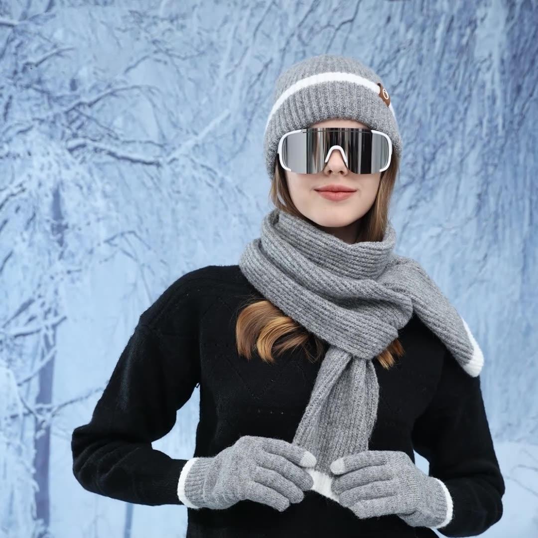 Kvinnor Höst Vinter Varm Tjocka Öronskydd Mössa Kall Utomhuscykling Stickad Mössa Set Söt Söt Mössa Scarf Handskar Tredelad Set