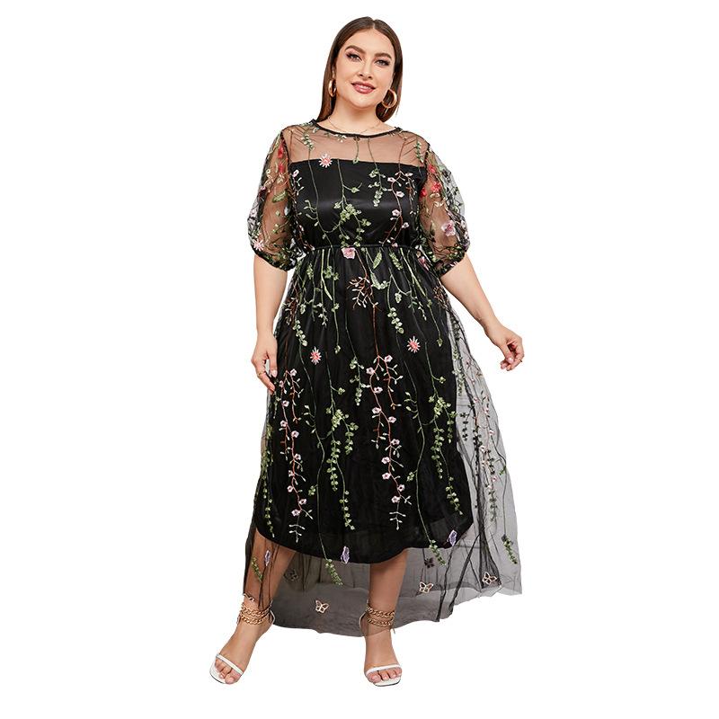Summer Women's Dress Plus Size Gowns Mesh Embroidery Banquet Party Long Dresses