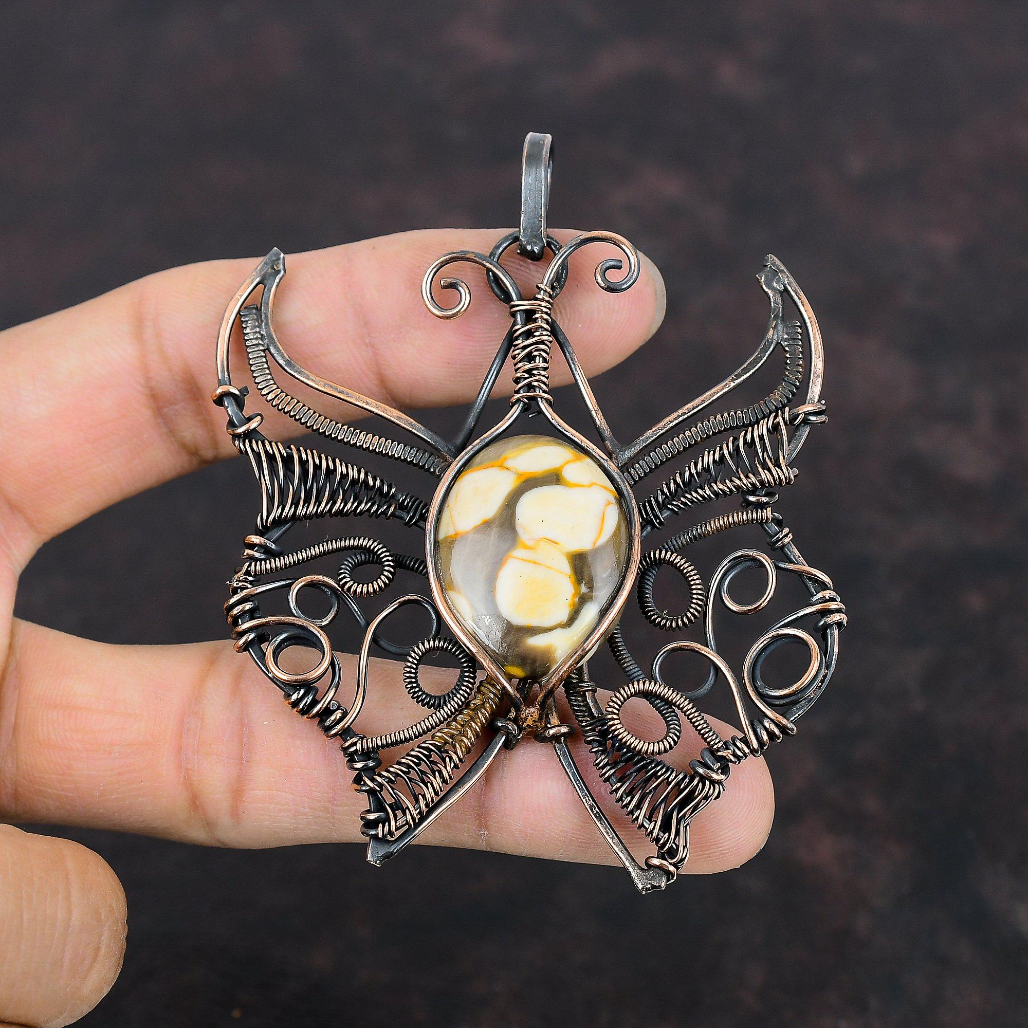 Peanut Wood Jasper Gemstone Pendant Copper Wire Wrapped Jewelry Butterfly Pendant Handmade Pendant Gifts For Him Copper Wire Wrapped Pendant