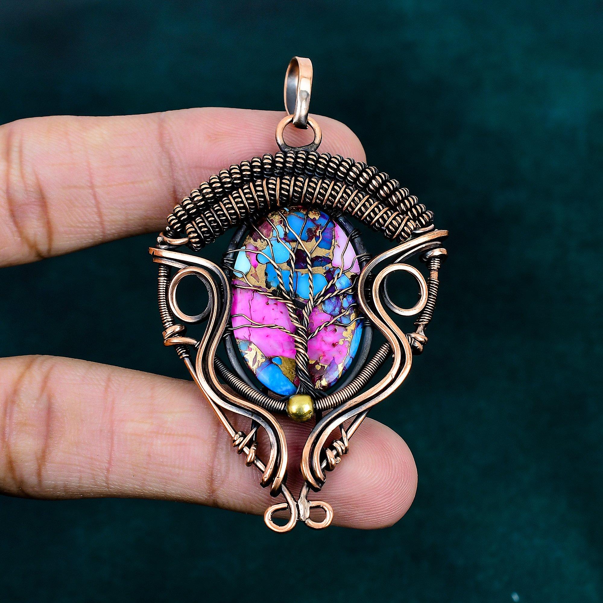 Natural Kingman Pink Dahlia Turquoise Copper Wire Wrap Pendant Handmade Pendant Natural Gemstone Jewelry Tree of Life Pendant Gift for Women