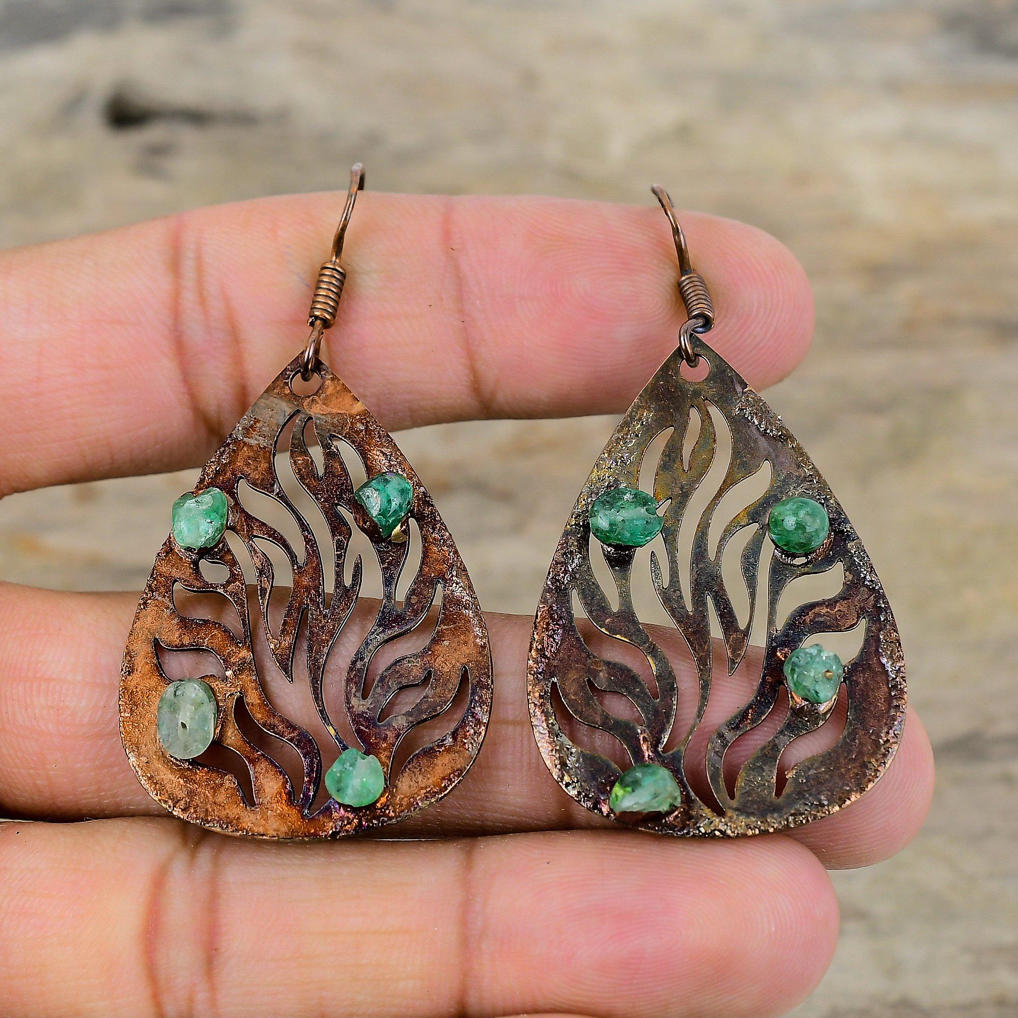 Green Tourmaline Rough Gemstone Earring Electroformed Copper Earrings Handmade Jewelry Decent Earrings For Gift Electroformed Copper Jewelry