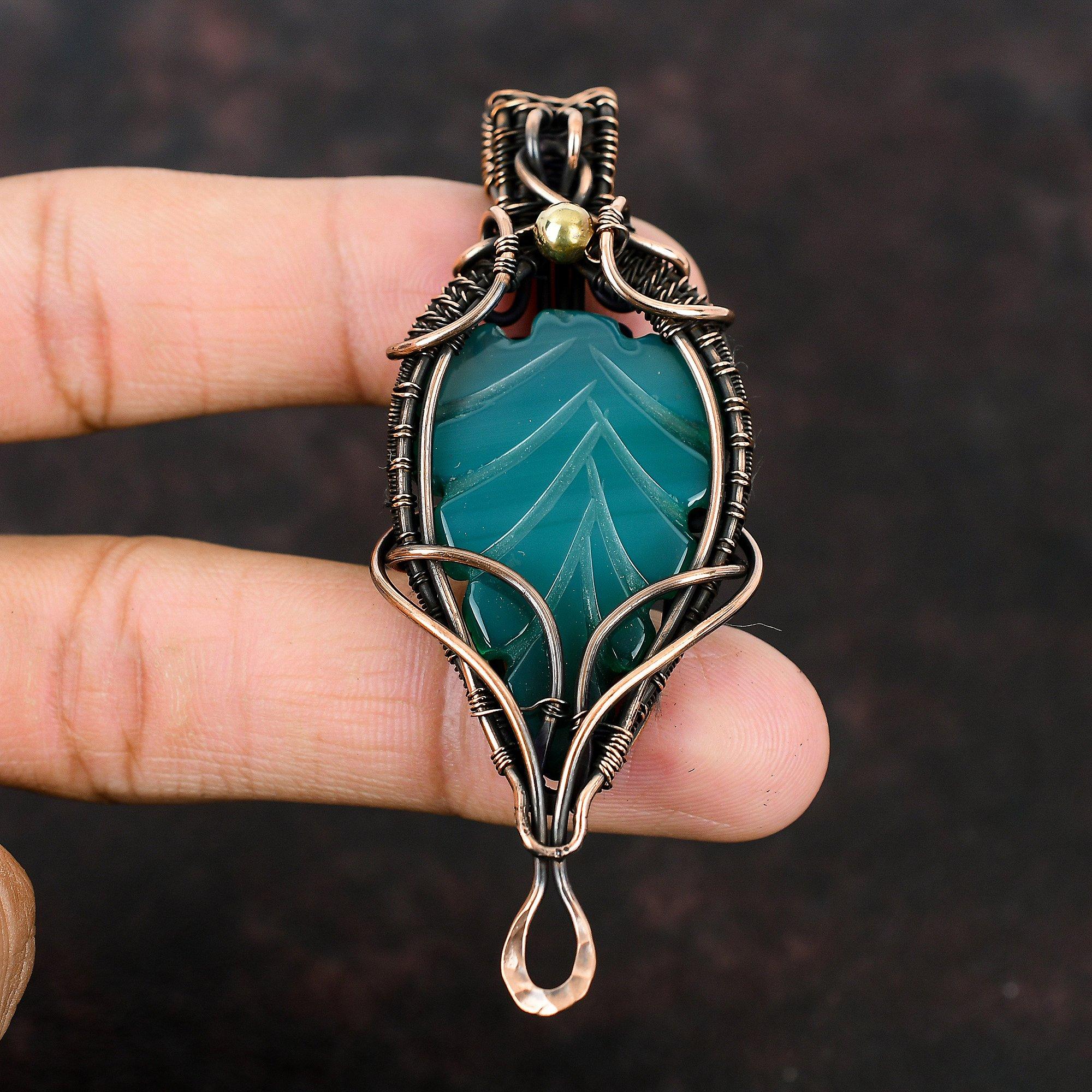 Carved Leaf Green Onyx Pendant Gemstone Jewelry Copper Wire Wrapped Pendant Handmade Designer Pendant Jewelry For Gifts Green Onyx Jewelry
