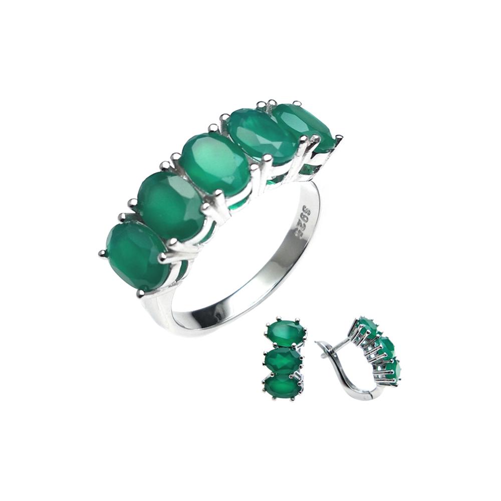 Bolaijewelry Schmuckset mit natürlichem grünem Achat, Ring und Ohrringen, 925er Sterlingsilber, edler Schmuck aus natürlichem Edelstein für Frauen und Mütter, schönes Geschenk