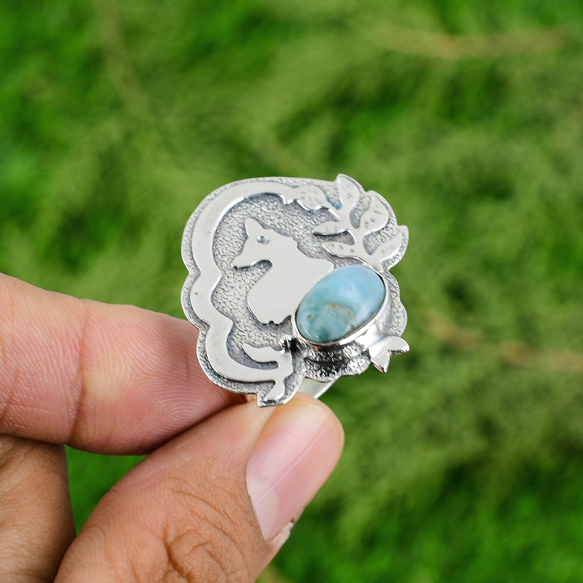 Mothers day Sale Natural Larimar 925 Sterling Silver Wife Multi Stone Bezel Ring