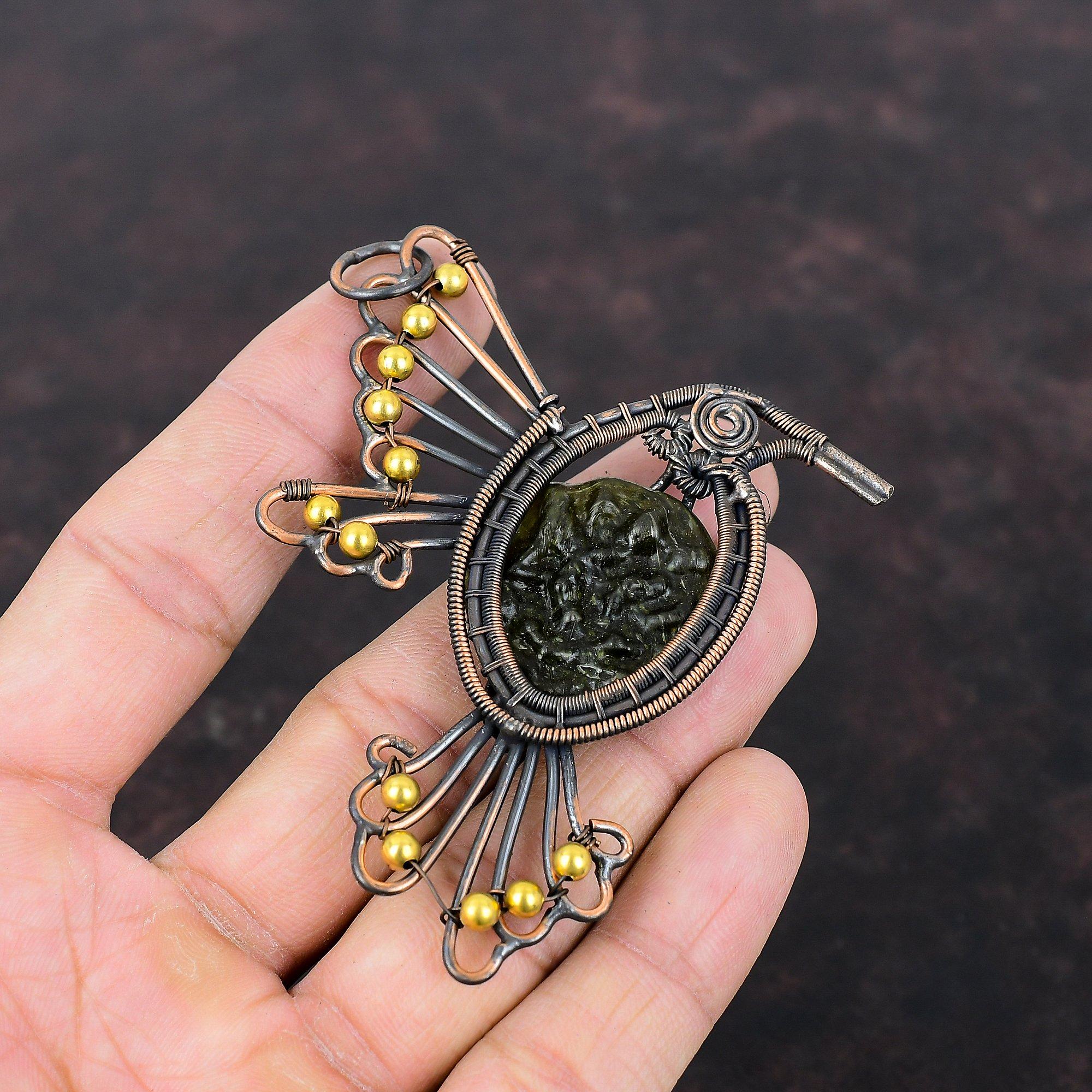 Moldavite Pendant Copper Wire Wrapped Gemstone Jewelry Unique Pendant Wire Wrap Jewelry Handmade Bird Pendant Copper Jewelry Gift For Mother
