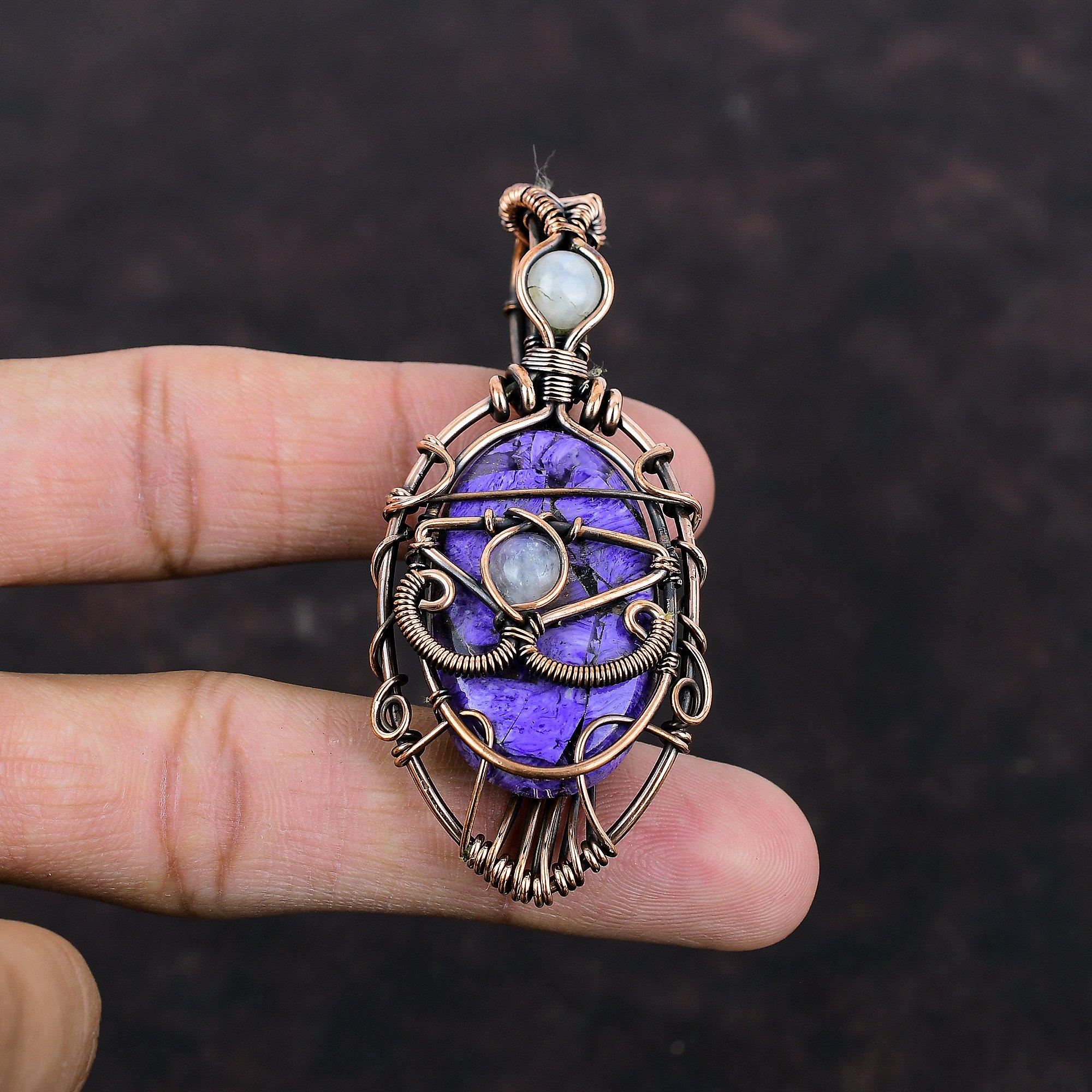 Evil Eye Kupfer Charoit Anhänger Kupferdraht gewickelt Edelstein Anhänger Handarbeit stylischer Anhänger Regenbogen Mondstein Anhänger Kupferdraht Schmuck