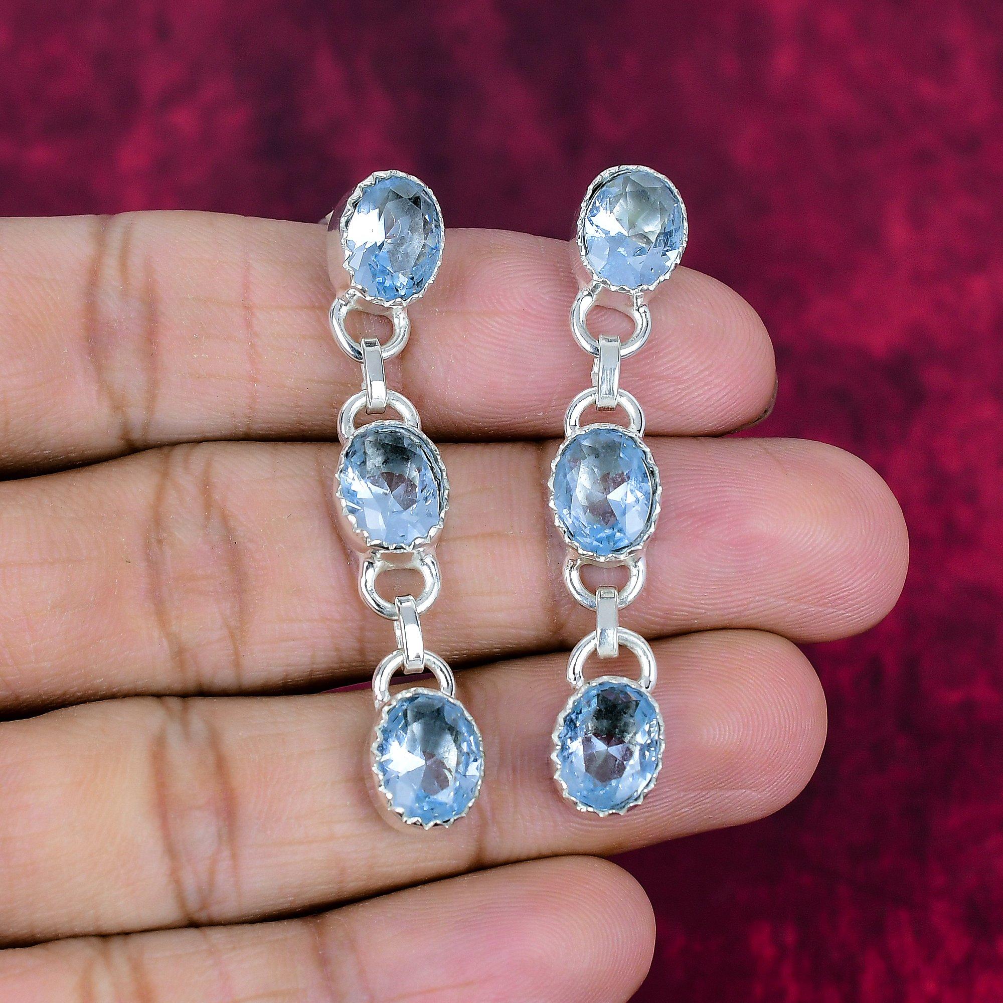 Blue Topaz Earrings, 925 Solid Sterling Silver Gemstone Jewelry, Handmade Earrings, For Thanksgiving