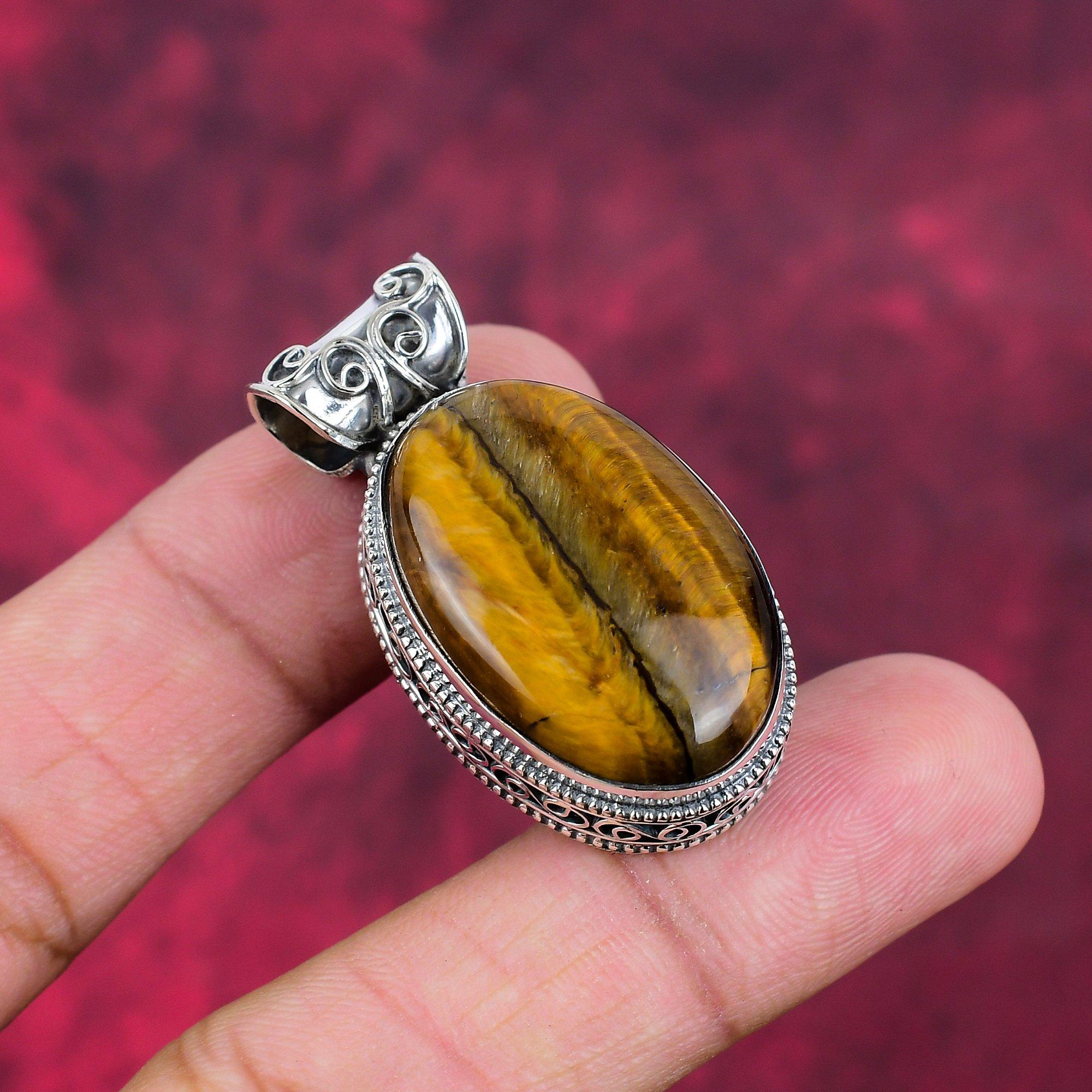 Tiger's Eye 925 Solid Sterling Silver Pendant, Handmade Gemstone Pendant , Gift For Mom Antique Jewelry