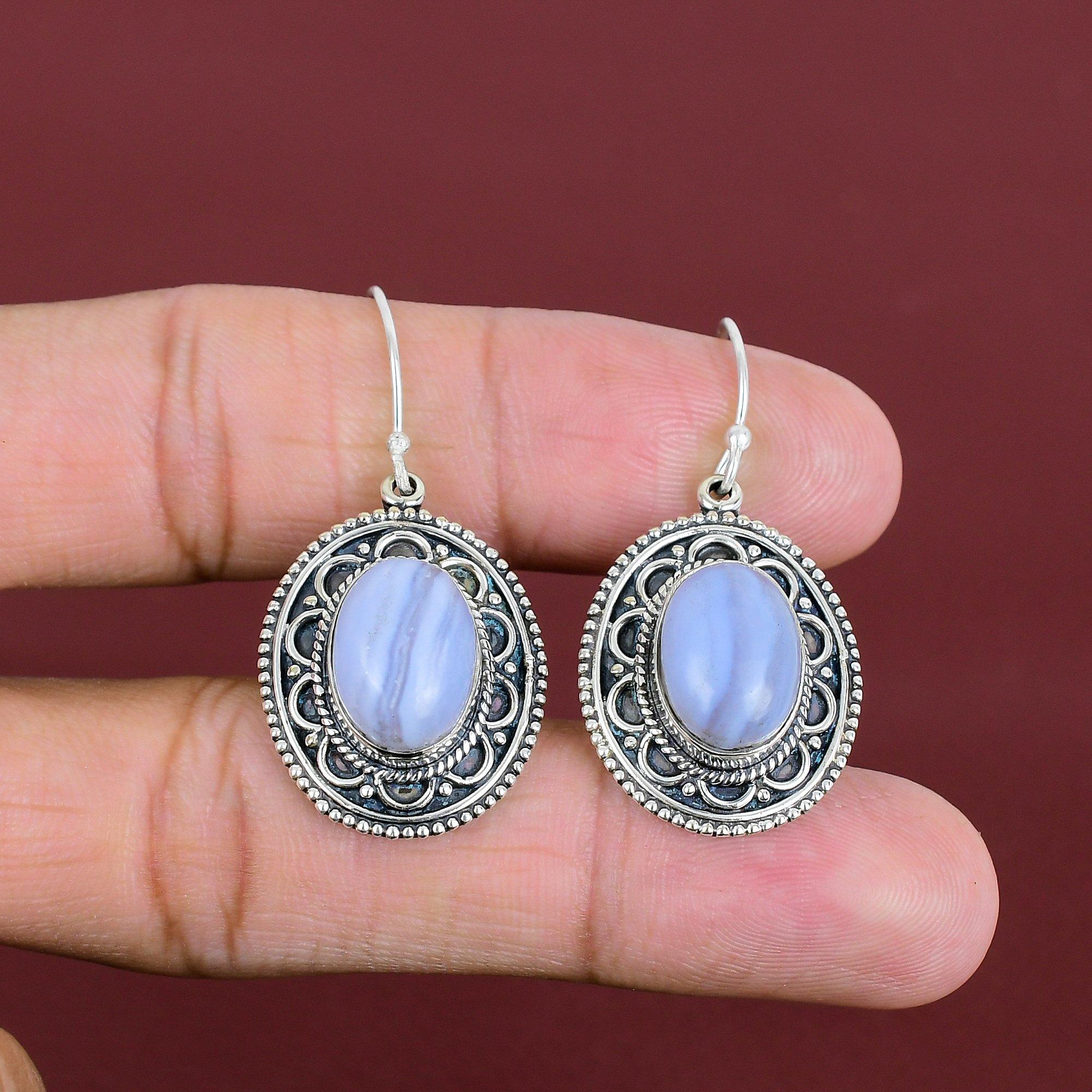Blue Lace Agate Earrings Original Gemstone Earring Handmade Decent Jewelry 925 Sterling Silver Earrings Vintage Design Earring Gifts For Her