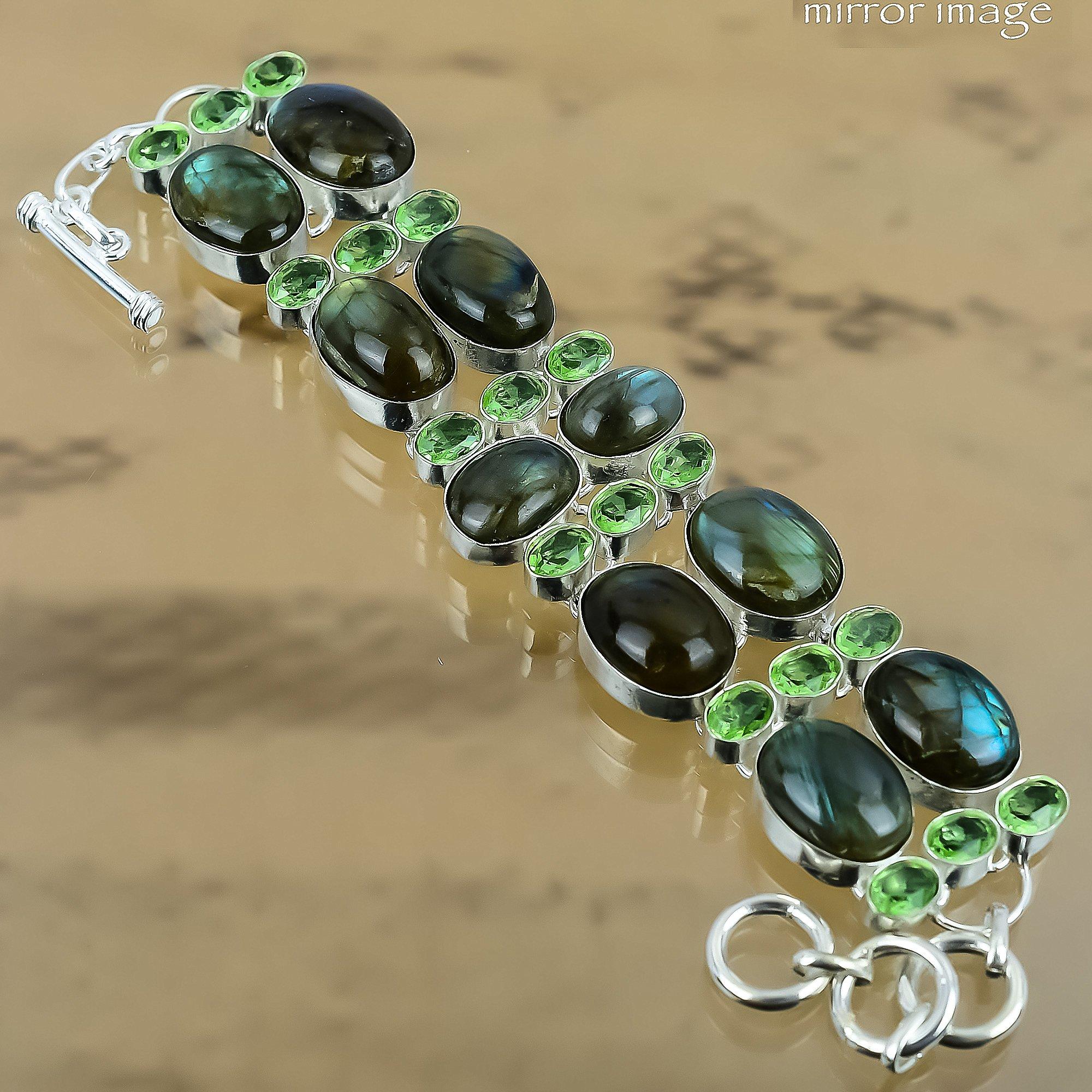 Sterling Silver Oval Labradorite Gemstone Green Amethyst Chain Sister Bracelet