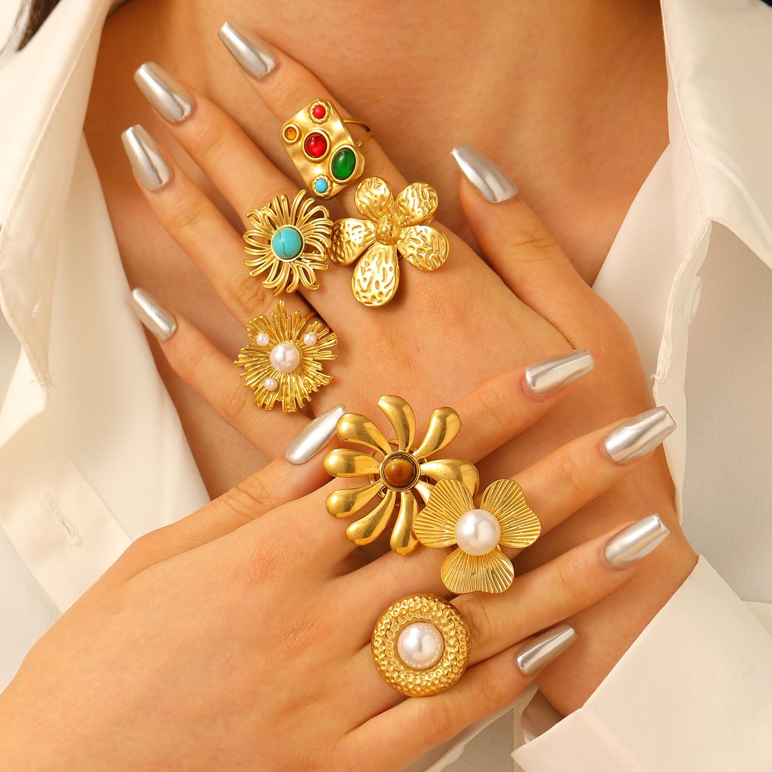 Fashionable Exaggeration Versatile Imitation Pearl Stainless Steel Flower Opening Ring For Women