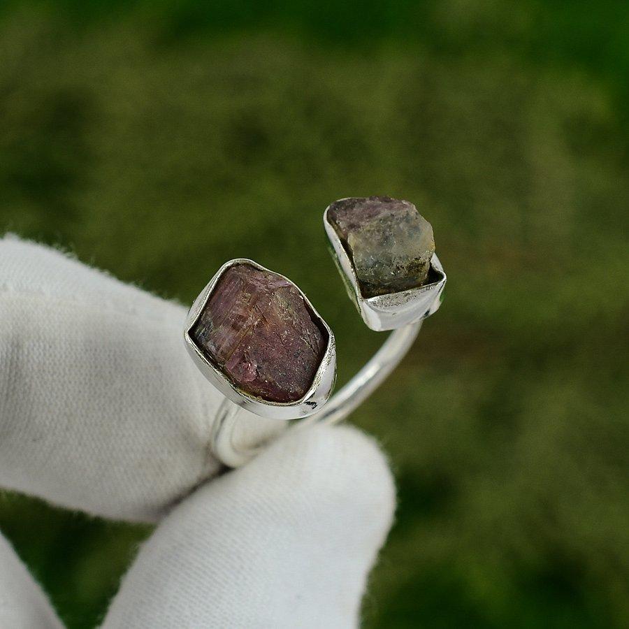 Natural Pink Tourmaline Rough Stackable Adjustable Ring 925 Silver For Women