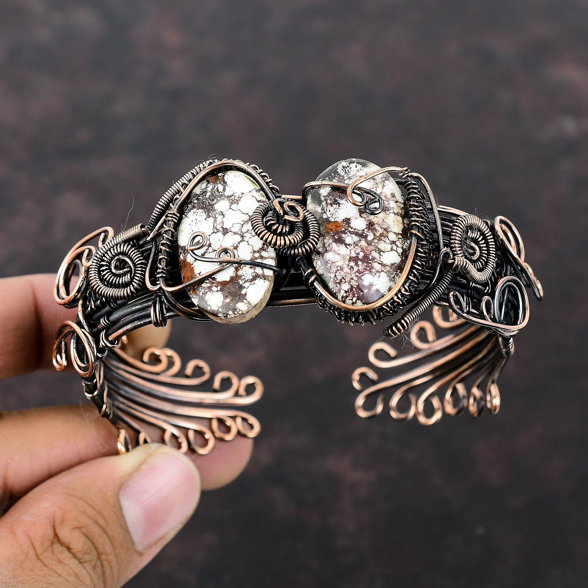 Wild Horse Magnesite Bangle Copper Wire Wrapped Jewelry Adjustable Cuff Bracelet Handmade Gemstone Bangle Copper Wire Bangle Engagement Gift