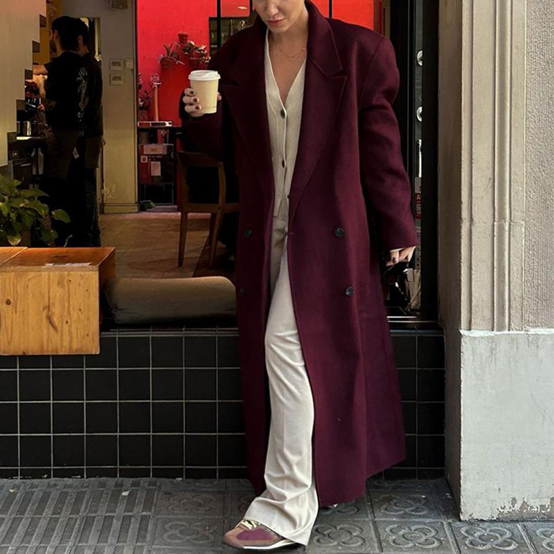 Women's Fashion Double Breasted Lapel Thicken Long Coat Pockets Long Sleeves Overcoat Winter Loose High Street Outwear
