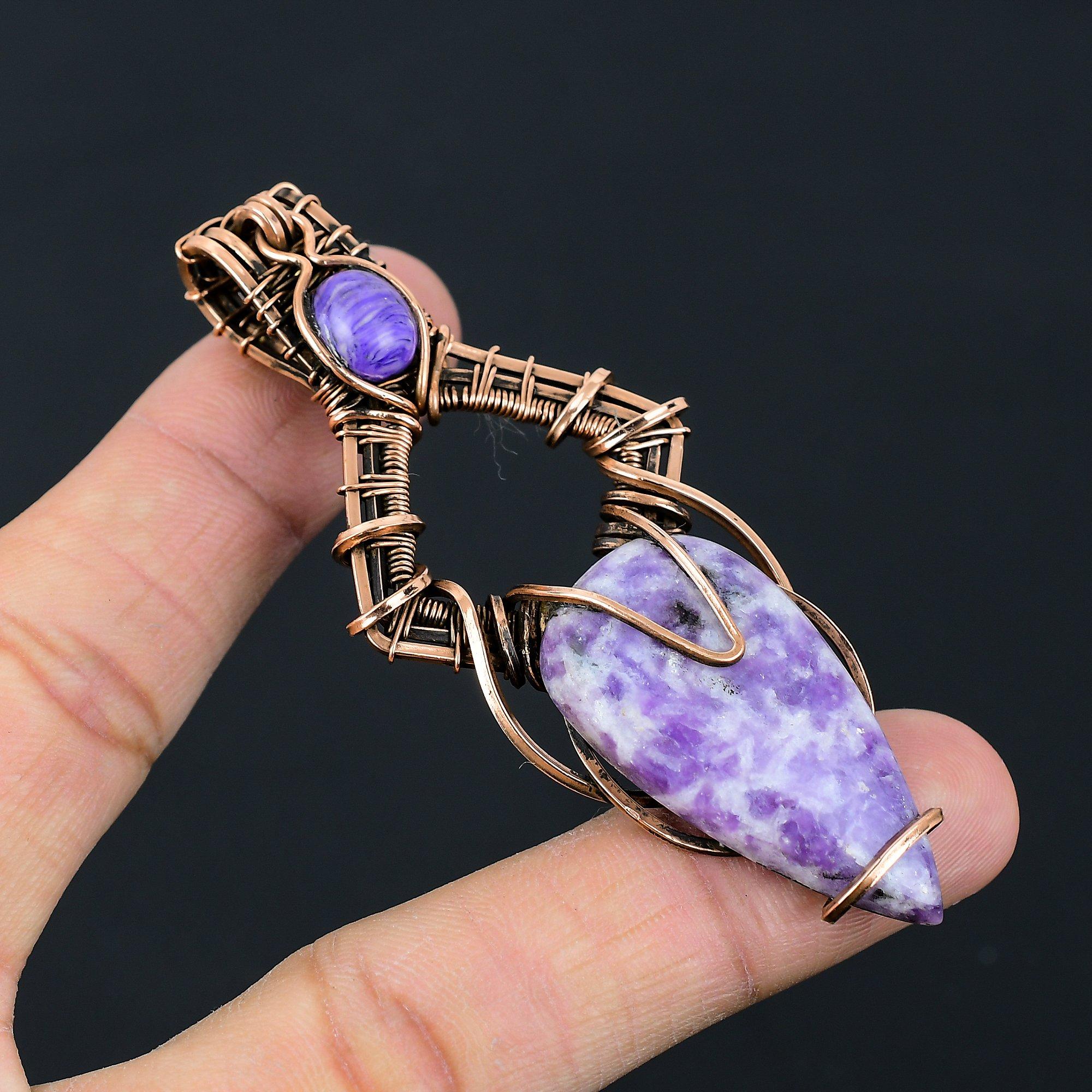Amethyst, Charoite Gemstone Pure Copper Wire Wrapped Handmade Pendant Jewelry