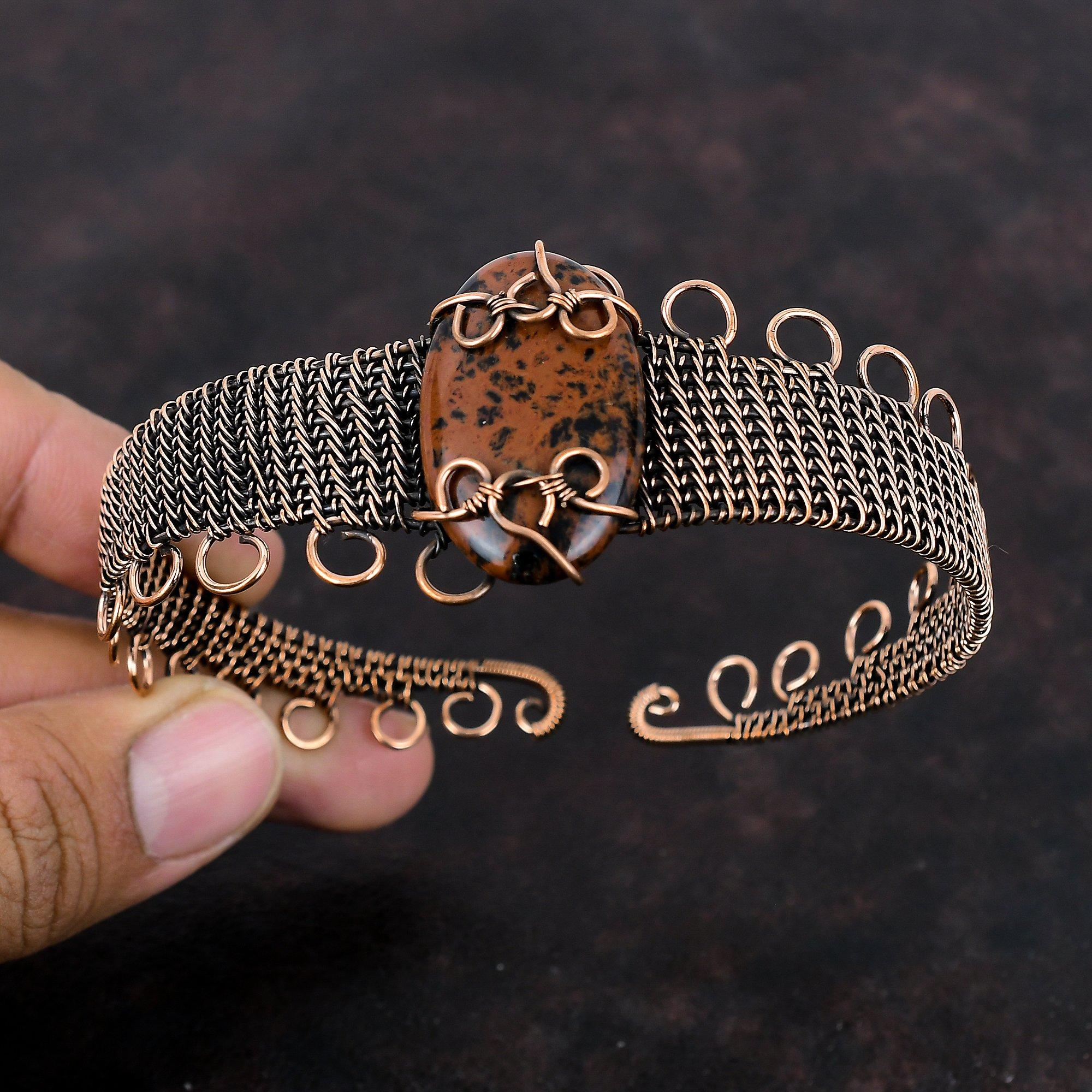 Mahagoni Obsidian Armreif Kupferdraht umwickelt Manschettenarmband Edelstein Verstellbarer Armreif Handgefertigtes Armband Designer Kupferschmuck Hochzeitsgeschenk